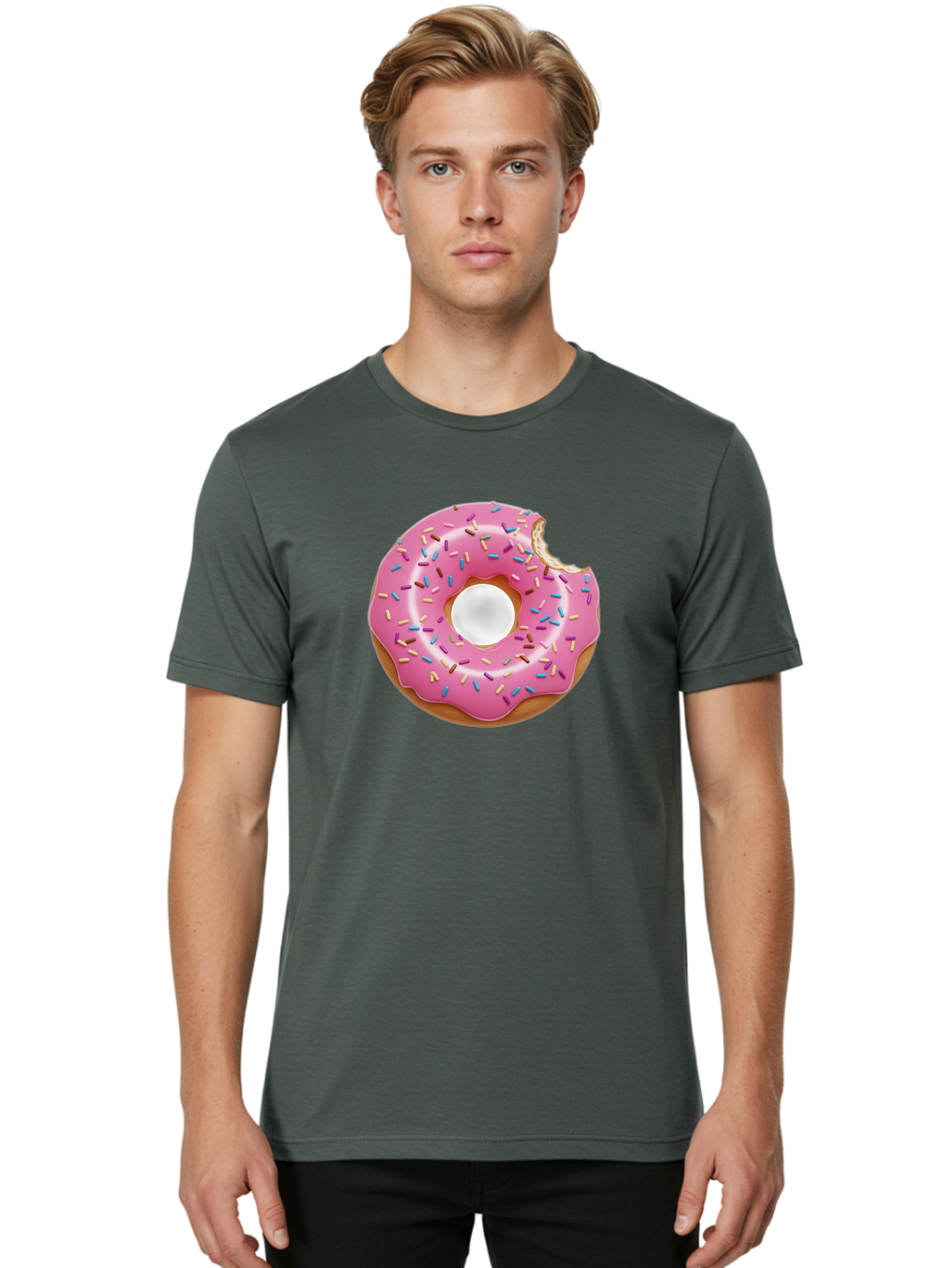 Pink-Donut-4 Men'S Graphic Tee, 100% Cotton, Comfortable Casual Summer Wear, Machine Washable, Pink Donut With Sprinkles, Bitten Donut, Sweet Treats, Colorful Dessert, Tasty Pastry, Glazed Donut, Sprinkles Galore, Donut Delight, Baked Goods Bab151