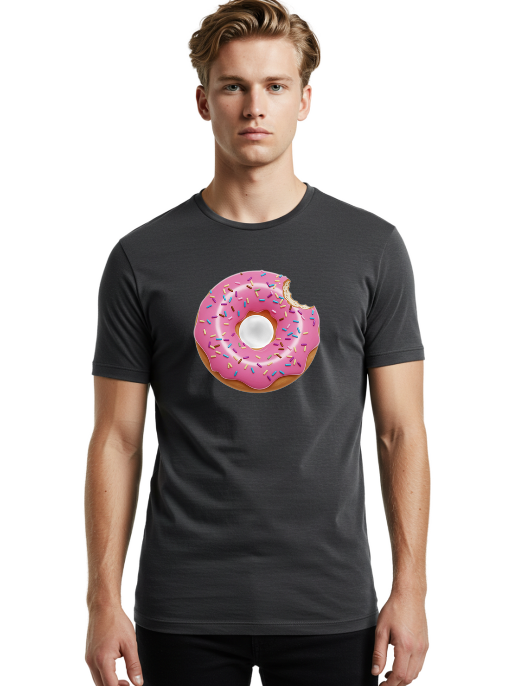 Pink-Donut-4 Men'S Graphic Tee, 100% Cotton, Comfortable Casual Summer Wear, Machine Washable, Pink Donut With Sprinkles, Bitten Donut, Sweet Treats, Colorful Dessert, Tasty Pastry, Glazed Donut, Sprinkles Galore, Donut Delight, Baked Goods Bab151