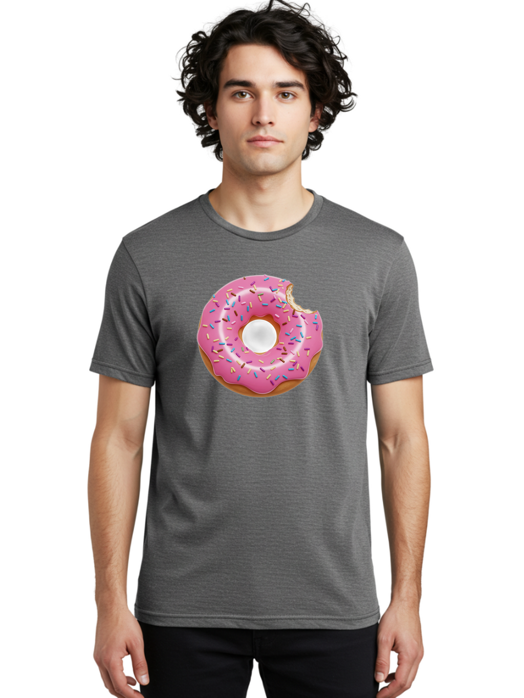Pink-Donut-4 Men'S Graphic Tee, 100% Cotton, Comfortable Casual Summer Wear, Machine Washable, Pink Donut With Sprinkles, Bitten Donut, Sweet Treats, Colorful Dessert, Tasty Pastry, Glazed Donut, Sprinkles Galore, Donut Delight, Baked Goods Bab151