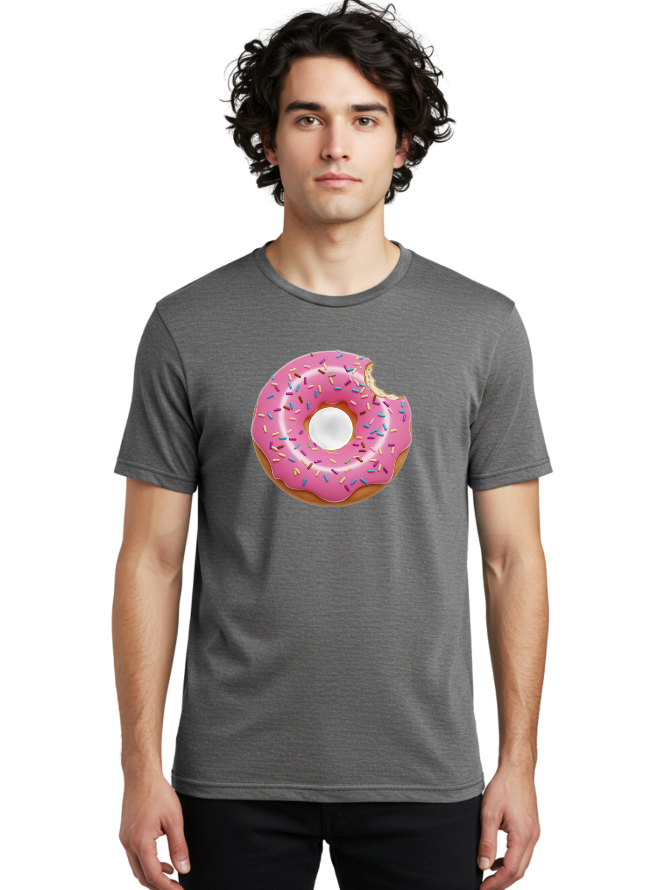 Pink-Donut-4 Men'S Graphic Tee, 100% Cotton, Comfortable Casual Summer Wear, Machine Washable, Pink Donut With Sprinkles, Bitten Donut, Sweet Treats, Colorful Dessert, Tasty Pastry, Glazed Donut, Sprinkles Galore, Donut Delight, Baked Goods Bab151