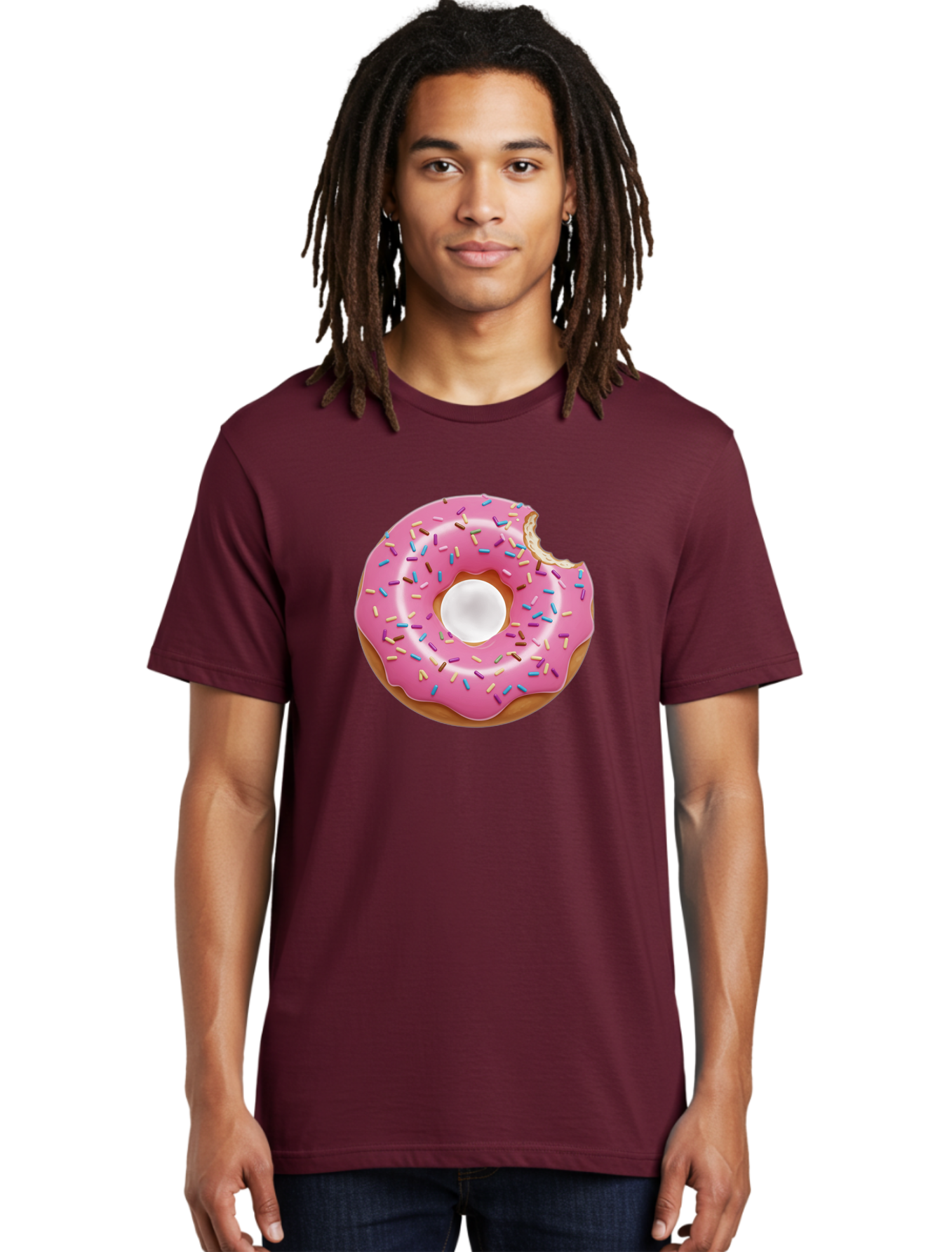 Pink-Donut-4 Men'S Graphic Tee, 100% Cotton, Comfortable Casual Summer Wear, Machine Washable, Pink Donut With Sprinkles, Bitten Donut, Sweet Treats, Colorful Dessert, Tasty Pastry, Glazed Donut, Sprinkles Galore, Donut Delight, Baked Goods Bab151