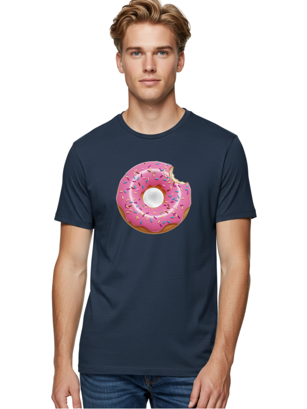 Pink-Donut-4 Men'S Graphic Tee, 100% Cotton, Comfortable Casual Summer Wear, Machine Washable, Pink Donut With Sprinkles, Bitten Donut, Sweet Treats, Colorful Dessert, Tasty Pastry, Glazed Donut, Sprinkles Galore, Donut Delight, Baked Goods Bab151