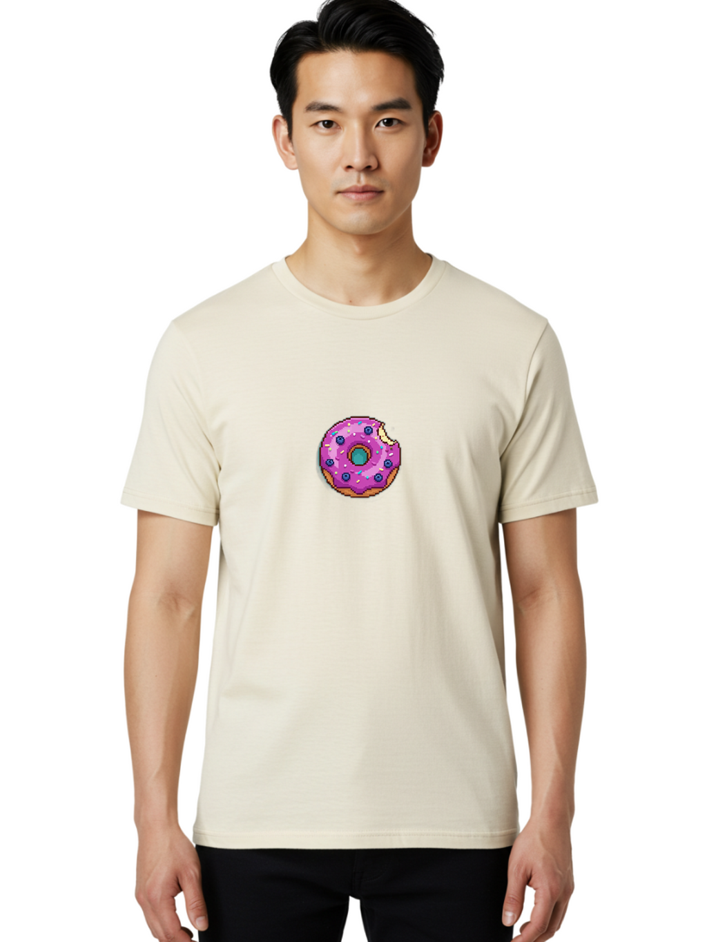 Pink-Donut-5 Men'S Graphic Tee, 100% Cotton, Comfortable Casual Summer Wear, Machine Washable, Frosted Donut, Sweet Treat, Purple Frosting, Colorful Sprinkles, Donut With A Bite, Tasty Dessert, Baked Goods, Donut Lover, Indulgent Snack Bab152