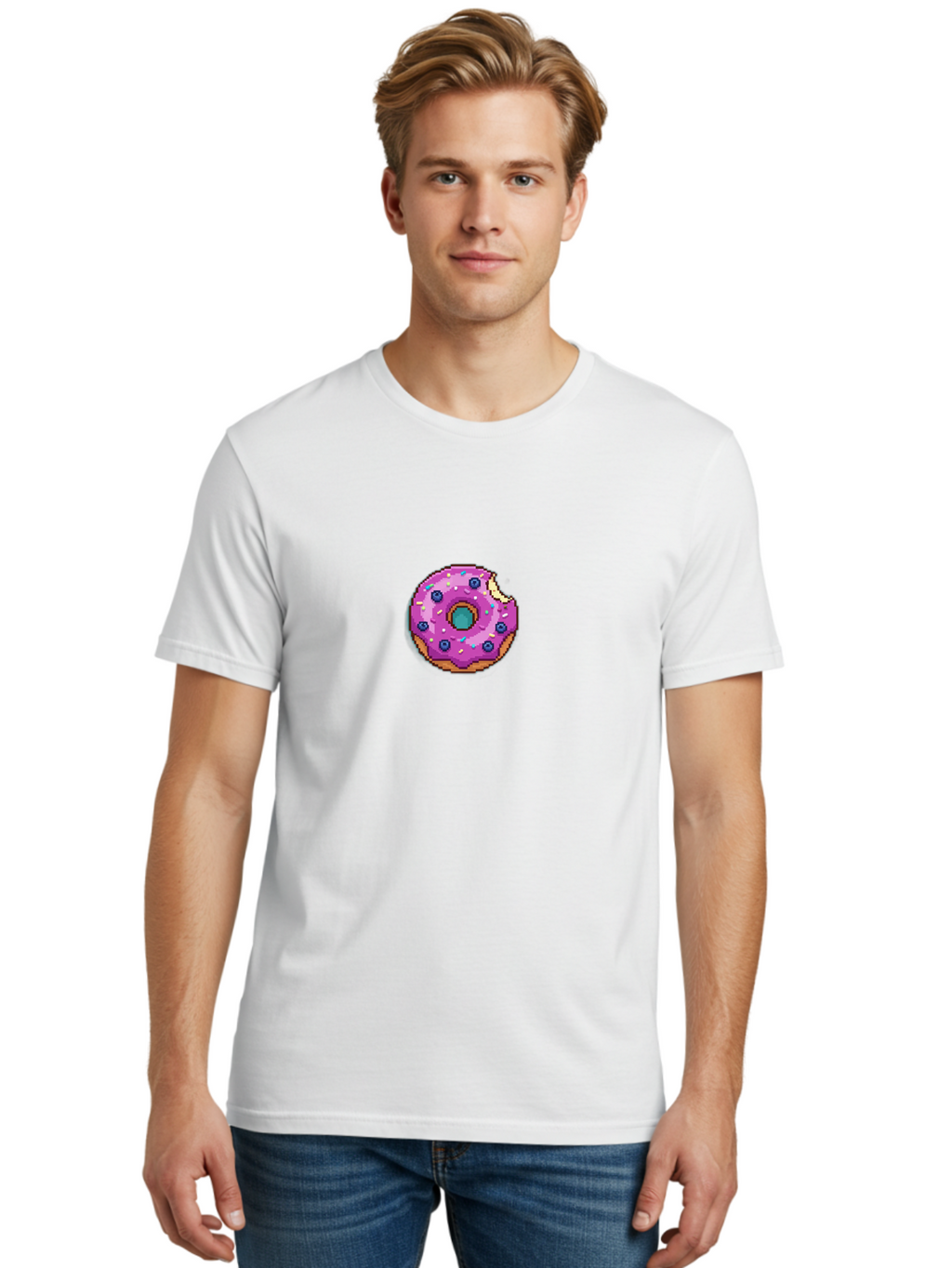 Pink-Donut-5 Men'S Graphic Tee, 100% Cotton, Comfortable Casual Summer Wear, Machine Washable, Frosted Donut, Sweet Treat, Purple Frosting, Colorful Sprinkles, Donut With A Bite, Tasty Dessert, Baked Goods, Donut Lover, Indulgent Snack Bab152
