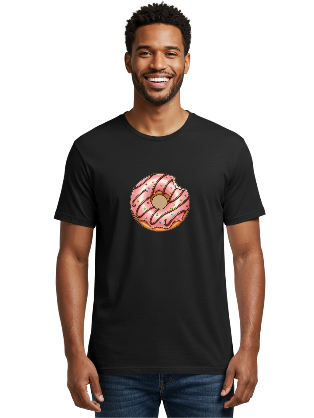 Pink-Donut-6 Men'S Graphic Tee, 100% Cotton, Comfortable Casual Summer Wear, Machine Washable, Pink Frosted Donut, Chocolate Drizzle, Colorful Sprinkles, Bitten Donut, Sweet Treat, Tasty Pastry, Dessert Illustration Bab153