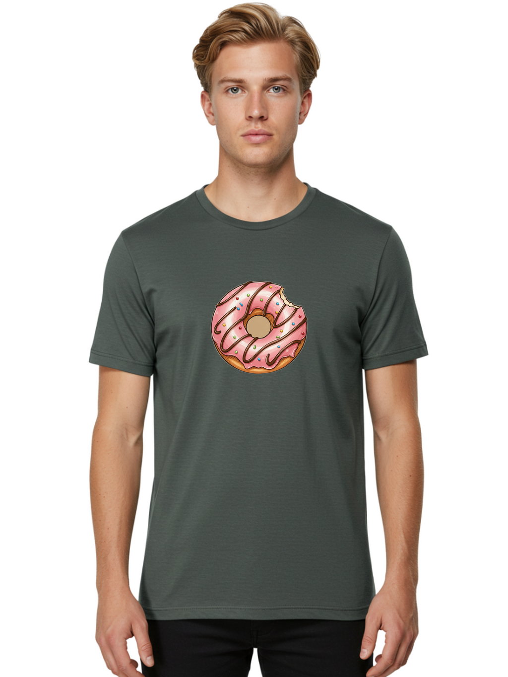 Pink-Donut-6 Men'S Graphic Tee, 100% Cotton, Comfortable Casual Summer Wear, Machine Washable, Pink Frosted Donut, Chocolate Drizzle, Colorful Sprinkles, Bitten Donut, Sweet Treat, Tasty Pastry, Dessert Illustration Bab153