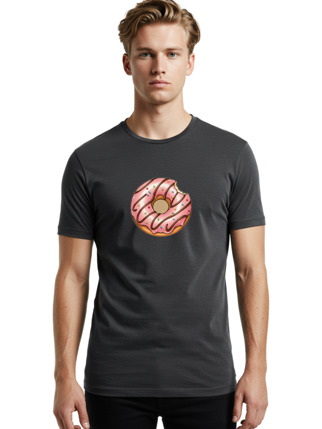 Pink-Donut-6 Men'S Graphic Tee, 100% Cotton, Comfortable Casual Summer Wear, Machine Washable, Pink Frosted Donut, Chocolate Drizzle, Colorful Sprinkles, Bitten Donut, Sweet Treat, Tasty Pastry, Dessert Illustration Bab153