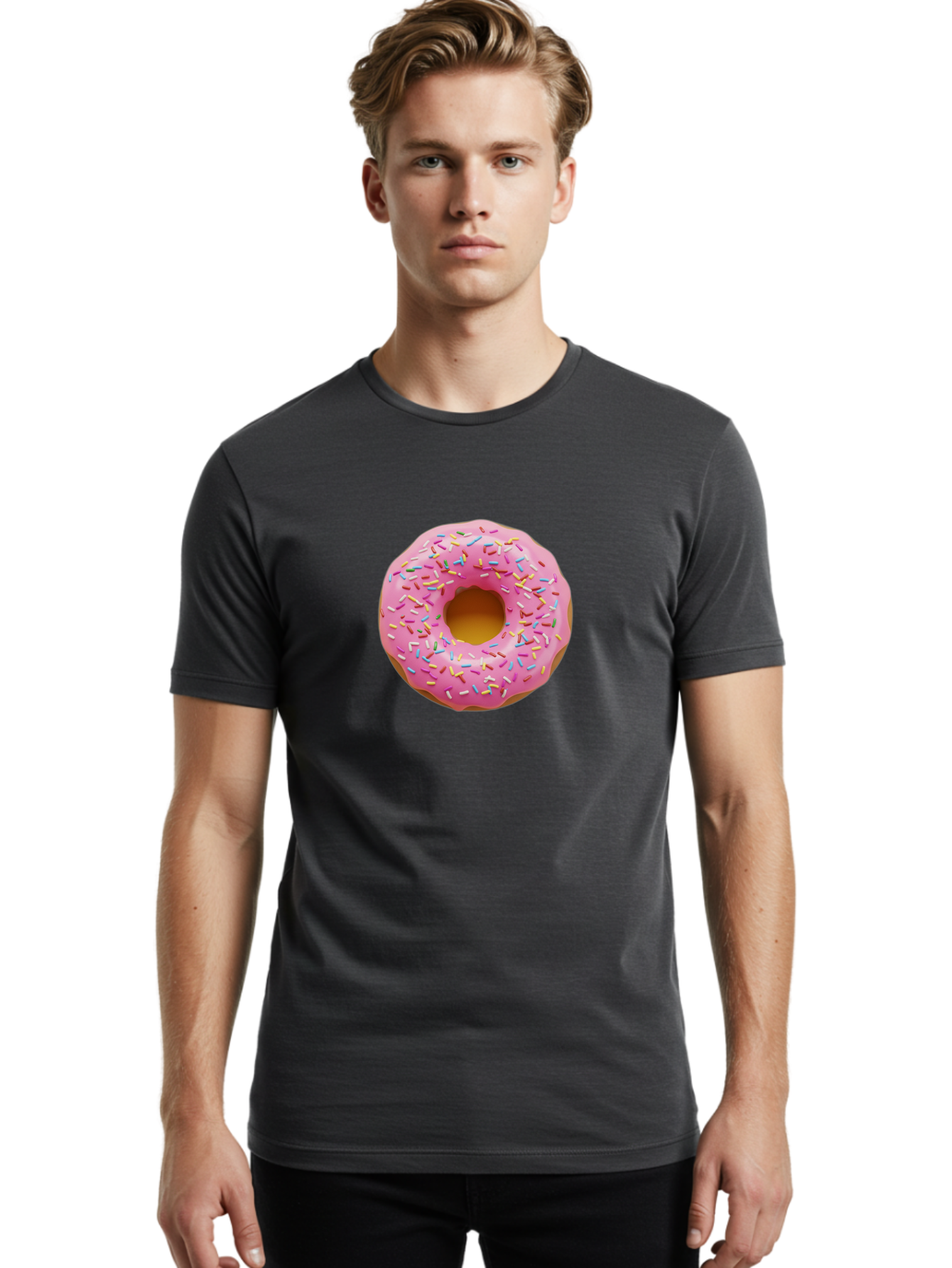 Pink-Donut-8 Men'S Graphic Tee, 100% Cotton, Comfortable Casual Summer Wear, Machine Washable, Pink Frosted Donut, Sprinkles, Colorful, Sweet Treat, Donut Delight, Tasty Pastry, Pastel Colors, Rainbow Sprinkles, Sweet Indulgence Bab155