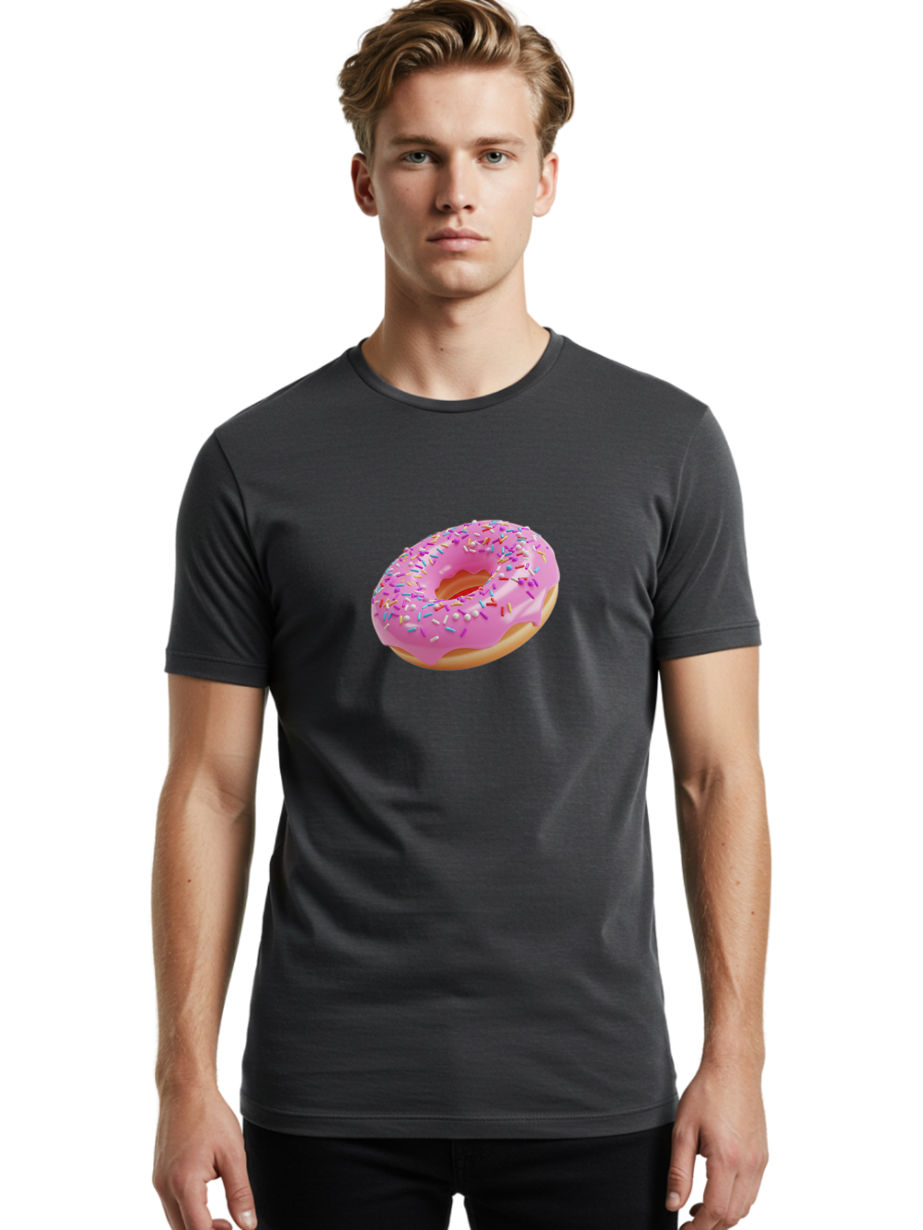 Pink-Donut-9 Men'S Graphic Tee, 100% Cotton, Comfortable Casual Summer Wear, Machine Washable, Pink Frosted Donut, Donut With Sprinkles, Sweet Treats, Colorful Dessert, Tasty Pastry, Baked Goods, Sugary Delight, Yummy Donut Bab156