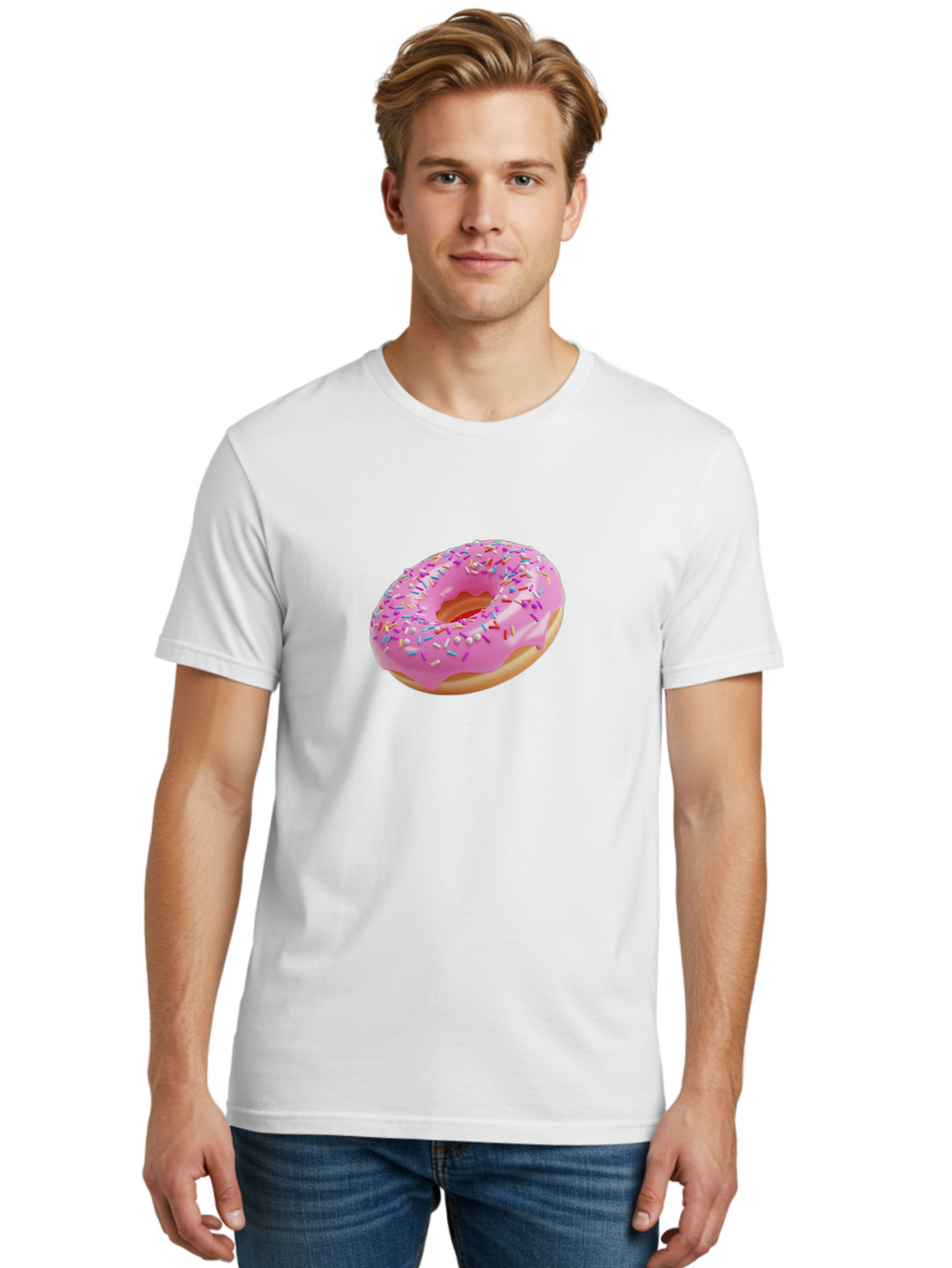 Pink-Donut-9 Men'S Graphic Tee, 100% Cotton, Comfortable Casual Summer Wear, Machine Washable, Pink Frosted Donut, Donut With Sprinkles, Sweet Treats, Colorful Dessert, Tasty Pastry, Baked Goods, Sugary Delight, Yummy Donut Bab156