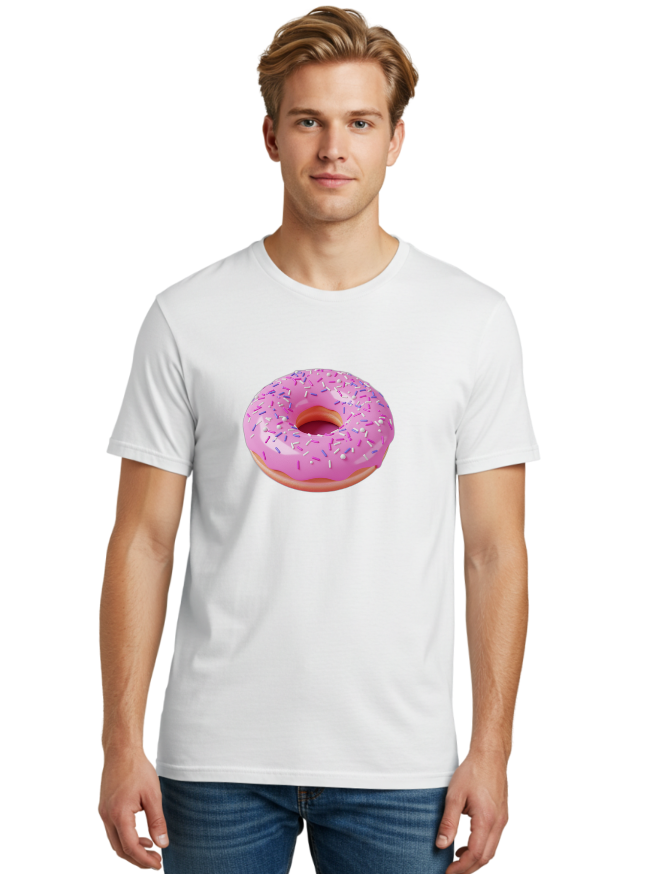 Pink-Donut-Sprinkles Men'S Graphic Tee, 100% Cotton, Comfortable Casual Summer Wear, Machine Washable, Pink Donut With Sprinkles, Sweet Treat, Dessert, Colorful Sprinkles, Donut With Glaze, Bakery Item, Sweet Indulgence Bab157