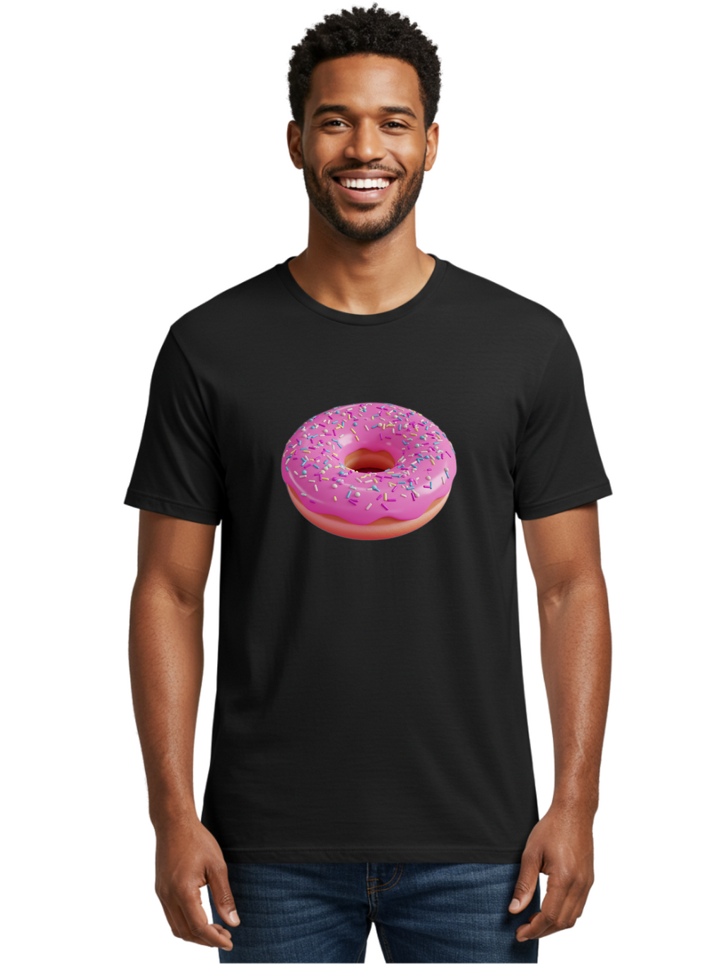 Pink-Donut-With-Sprinkles-1 Men'S Graphic Tee, 100% Cotton, Comfortable Casual Summer Wear, Machine Washable, Donut With Pink Glaze, Colorful Sprinkles, Sweet Treats, Dessert, Baked Goods, Tasty Pastries, Yummy Donut Bab158