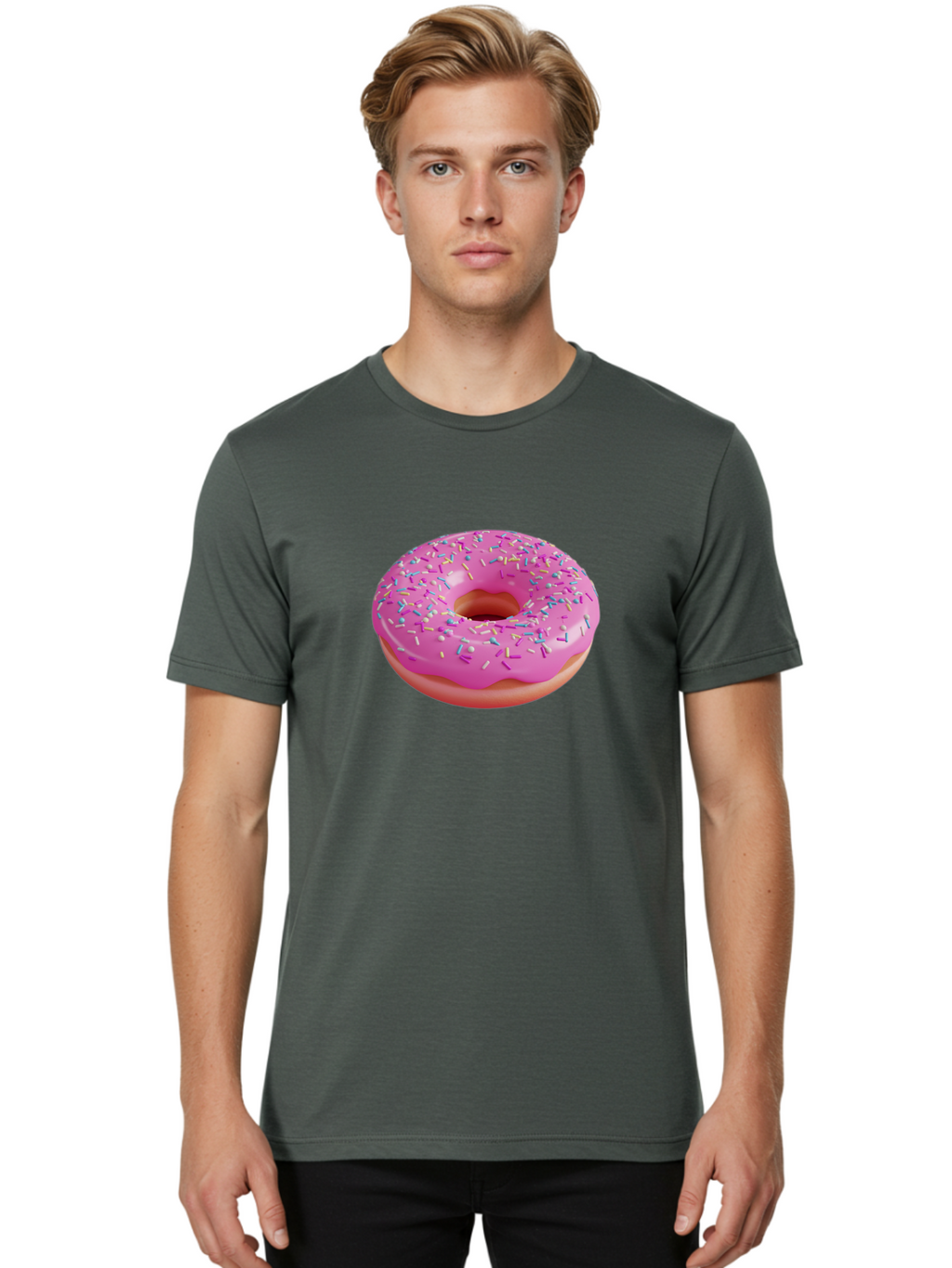 Pink-Donut-With-Sprinkles-1 Men'S Graphic Tee, 100% Cotton, Comfortable Casual Summer Wear, Machine Washable, Donut With Pink Glaze, Colorful Sprinkles, Sweet Treats, Dessert, Baked Goods, Tasty Pastries, Yummy Donut Bab158