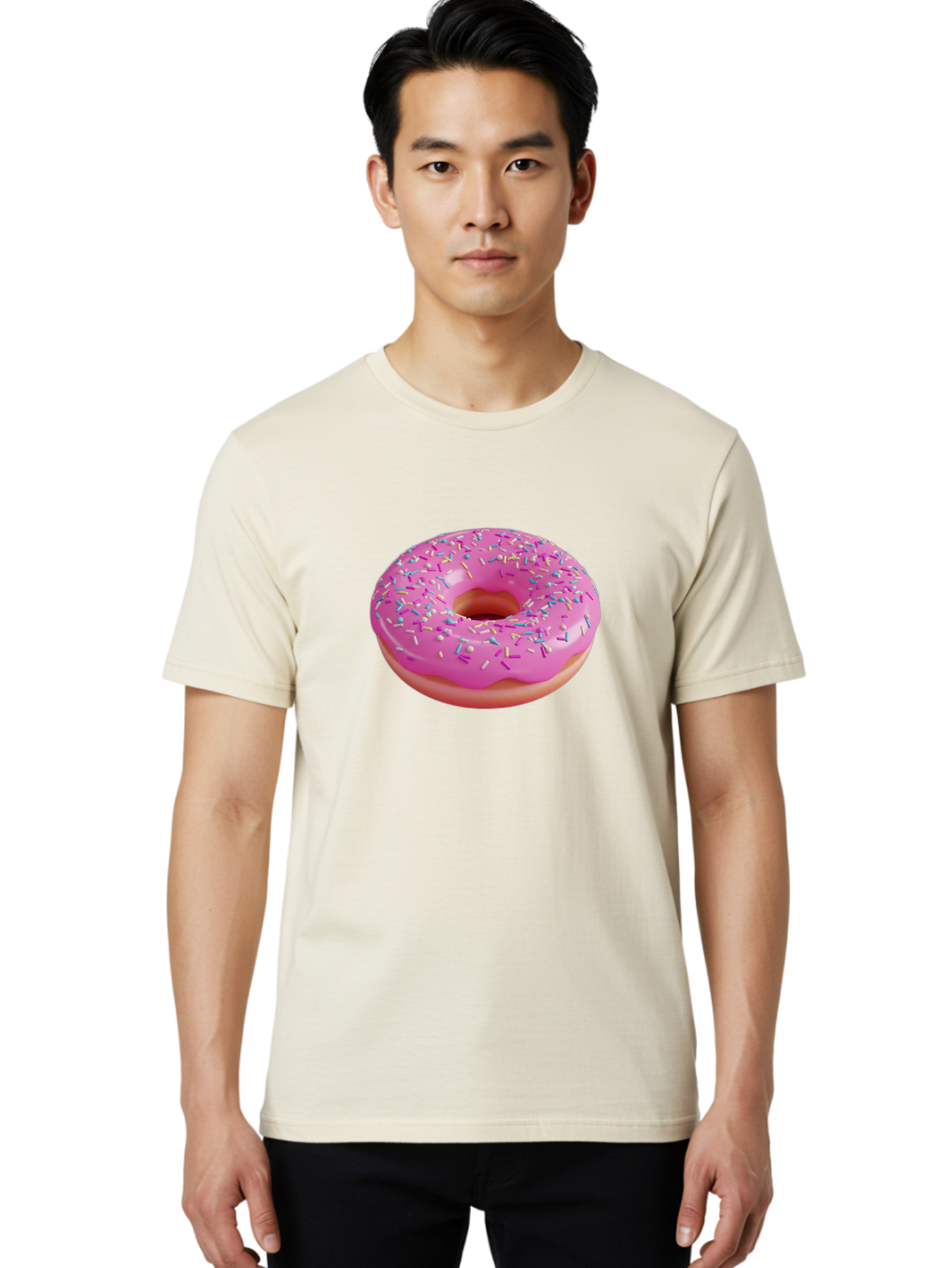 Pink-Donut-With-Sprinkles-1 Men'S Graphic Tee, 100% Cotton, Comfortable Casual Summer Wear, Machine Washable, Donut With Pink Glaze, Colorful Sprinkles, Sweet Treats, Dessert, Baked Goods, Tasty Pastries, Yummy Donut Bab158