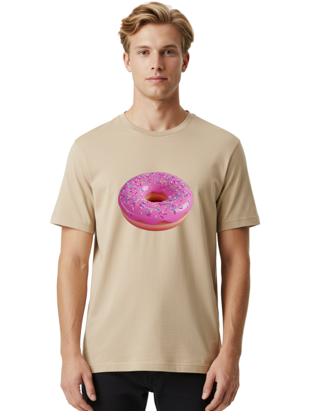 Pink-Donut-With-Sprinkles-1 Men'S Graphic Tee, 100% Cotton, Comfortable Casual Summer Wear, Machine Washable, Donut With Pink Glaze, Colorful Sprinkles, Sweet Treats, Dessert, Baked Goods, Tasty Pastries, Yummy Donut Bab158