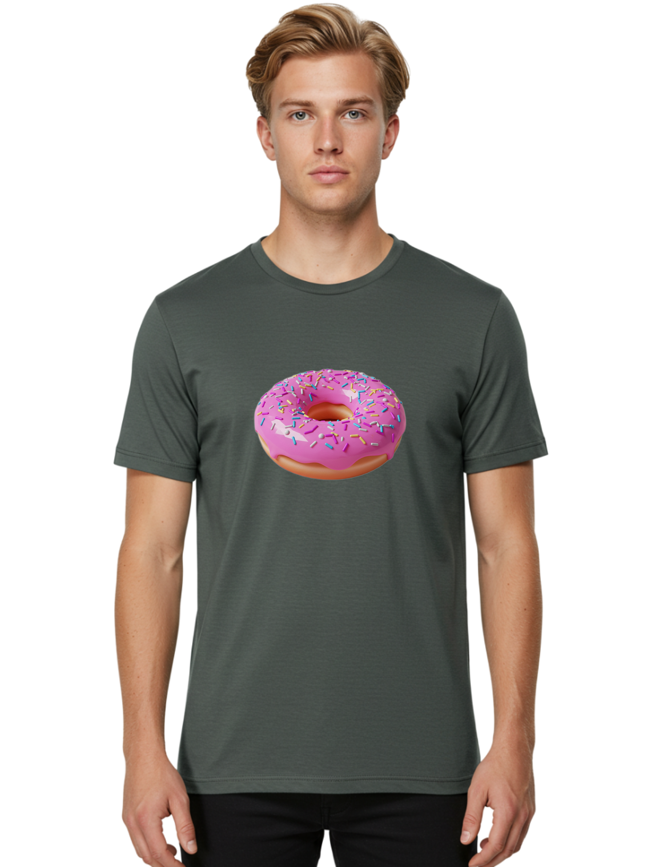 Pink-Donut-With-Sprinkles-2 Men'S Graphic Tee, 100% Cotton, Comfortable Casual Summer Wear, Machine Washable, Pink Frosted Donut, Donut With Sprinkles, Colorful Sprinkles, Sweet Treats, Baked Goods, Dessert, Tasty, 3D Rendering, Digital Art Bab159