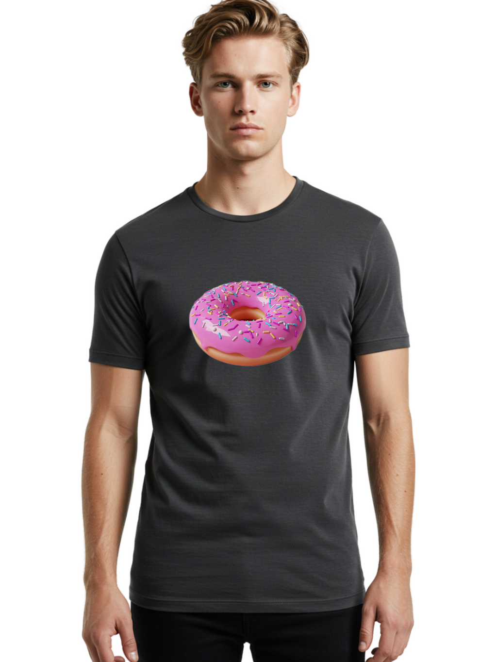 Pink-Donut-With-Sprinkles-2 Men'S Graphic Tee, 100% Cotton, Comfortable Casual Summer Wear, Machine Washable, Pink Frosted Donut, Donut With Sprinkles, Colorful Sprinkles, Sweet Treats, Baked Goods, Dessert, Tasty, 3D Rendering, Digital Art Bab159