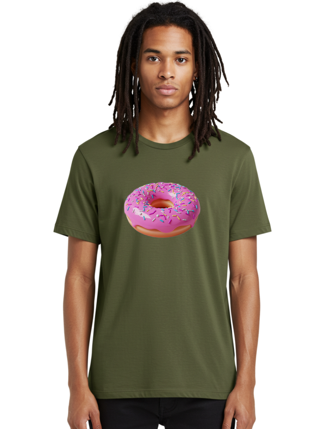 Pink-Donut-With-Sprinkles-2 Men'S Graphic Tee, 100% Cotton, Comfortable Casual Summer Wear, Machine Washable, Pink Frosted Donut, Donut With Sprinkles, Colorful Sprinkles, Sweet Treats, Baked Goods, Dessert, Tasty, 3D Rendering, Digital Art Bab159