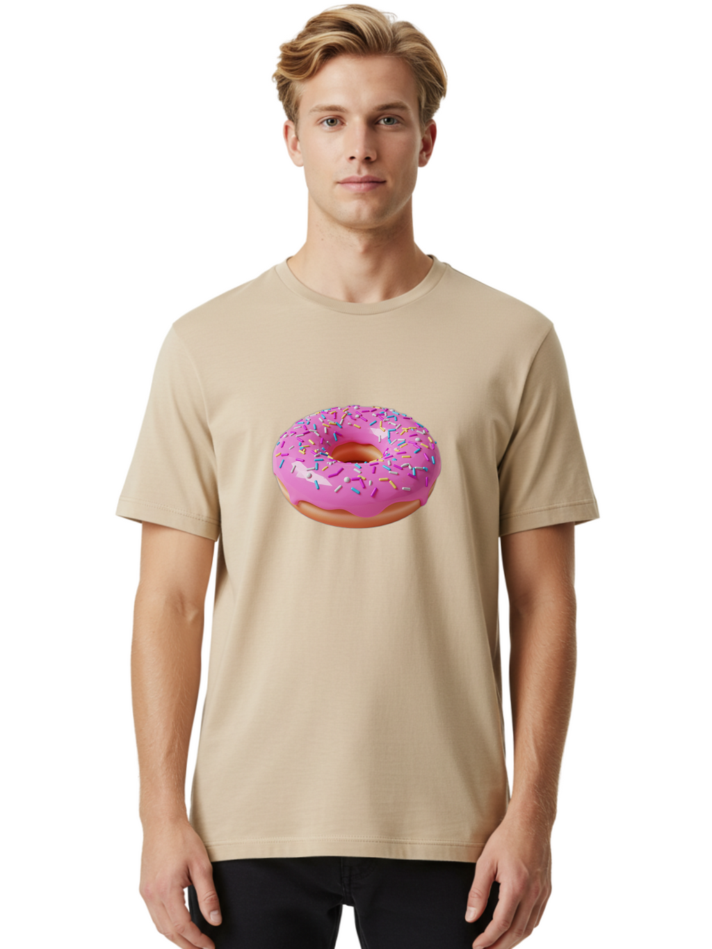 Pink-Donut-With-Sprinkles-2 Men'S Graphic Tee, 100% Cotton, Comfortable Casual Summer Wear, Machine Washable, Pink Frosted Donut, Donut With Sprinkles, Colorful Sprinkles, Sweet Treats, Baked Goods, Dessert, Tasty, 3D Rendering, Digital Art Bab159