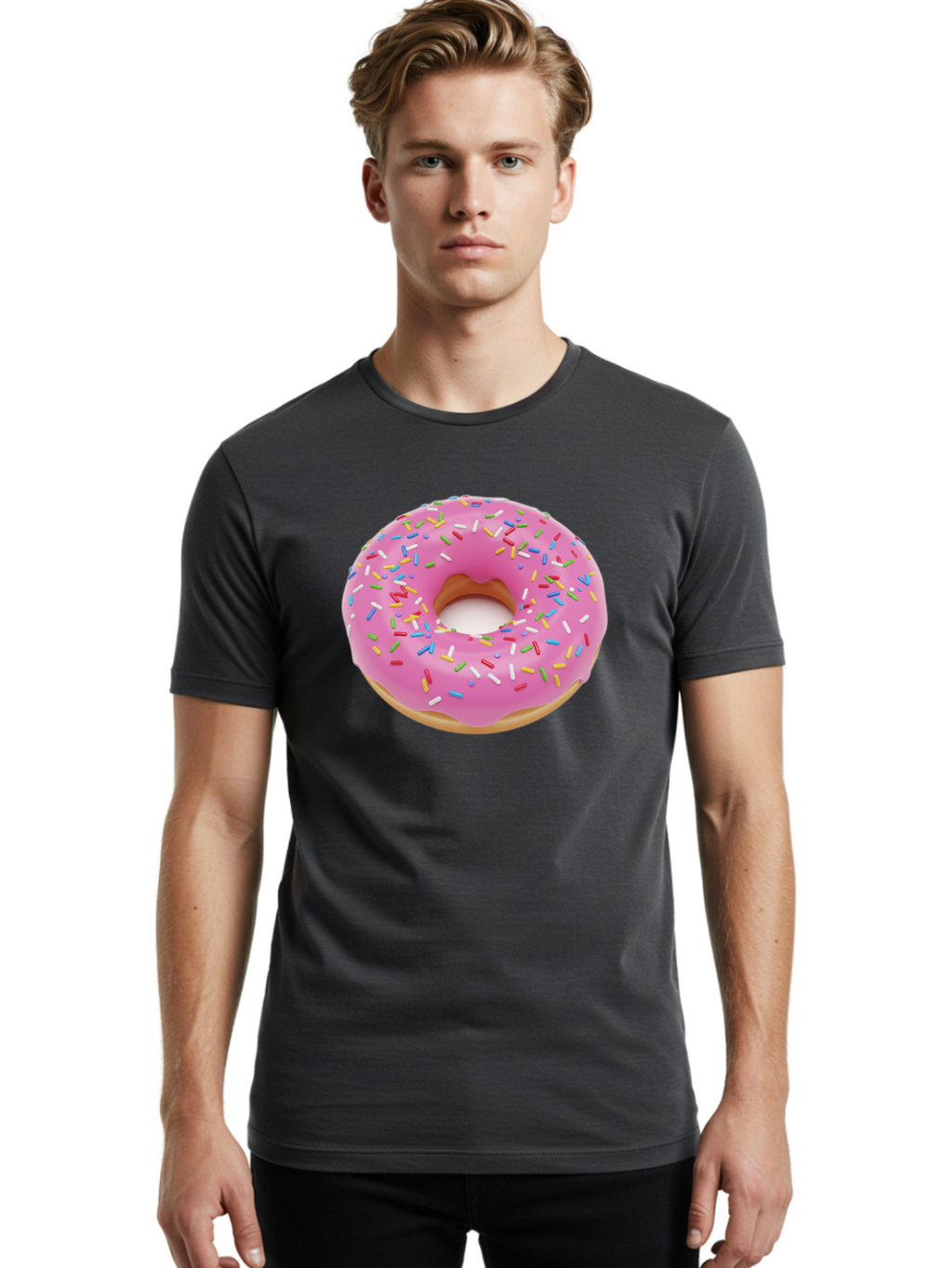 Pink-Donut-With-Sprinkles Men'S Graphic Tee, 100% Cotton, Comfortable Casual Summer Wear, Machine Washable, Pink Frosted Donut, Colorful Sprinkles, Sweet Treats, Baked Goods, Dessert, Tasty, Doughnut, Sprinkles, Sweet Tooth, Colorful Dessert Bab161