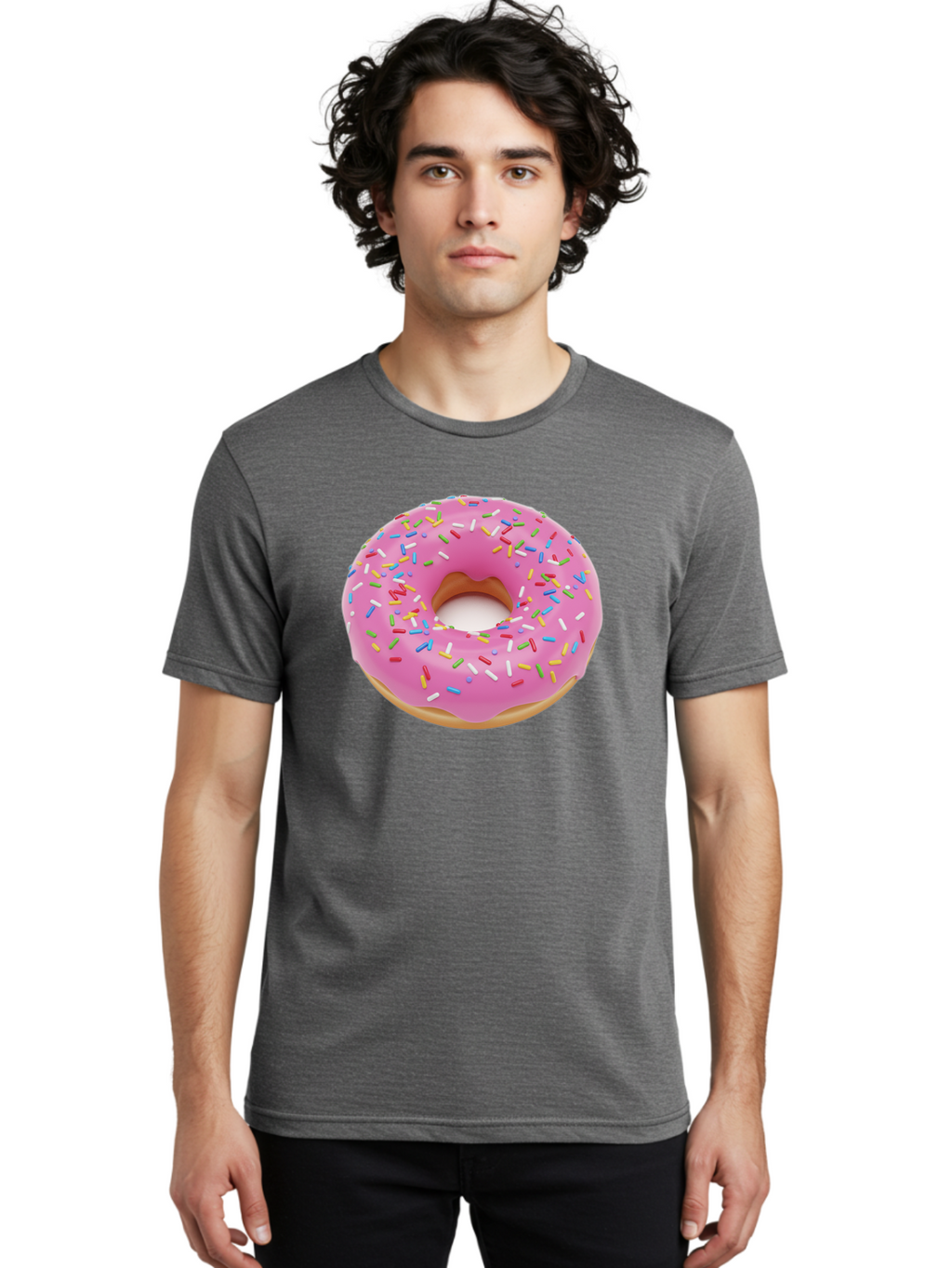 Pink-Donut-With-Sprinkles Men'S Graphic Tee, 100% Cotton, Comfortable Casual Summer Wear, Machine Washable, Pink Frosted Donut, Colorful Sprinkles, Sweet Treats, Baked Goods, Dessert, Tasty, Doughnut, Sprinkles, Sweet Tooth, Colorful Dessert Bab161
