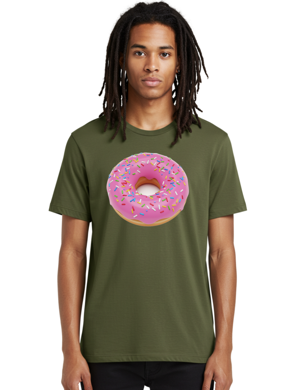 Pink-Donut-With-Sprinkles Men'S Graphic Tee, 100% Cotton, Comfortable Casual Summer Wear, Machine Washable, Pink Frosted Donut, Colorful Sprinkles, Sweet Treats, Baked Goods, Dessert, Tasty, Doughnut, Sprinkles, Sweet Tooth, Colorful Dessert Bab161