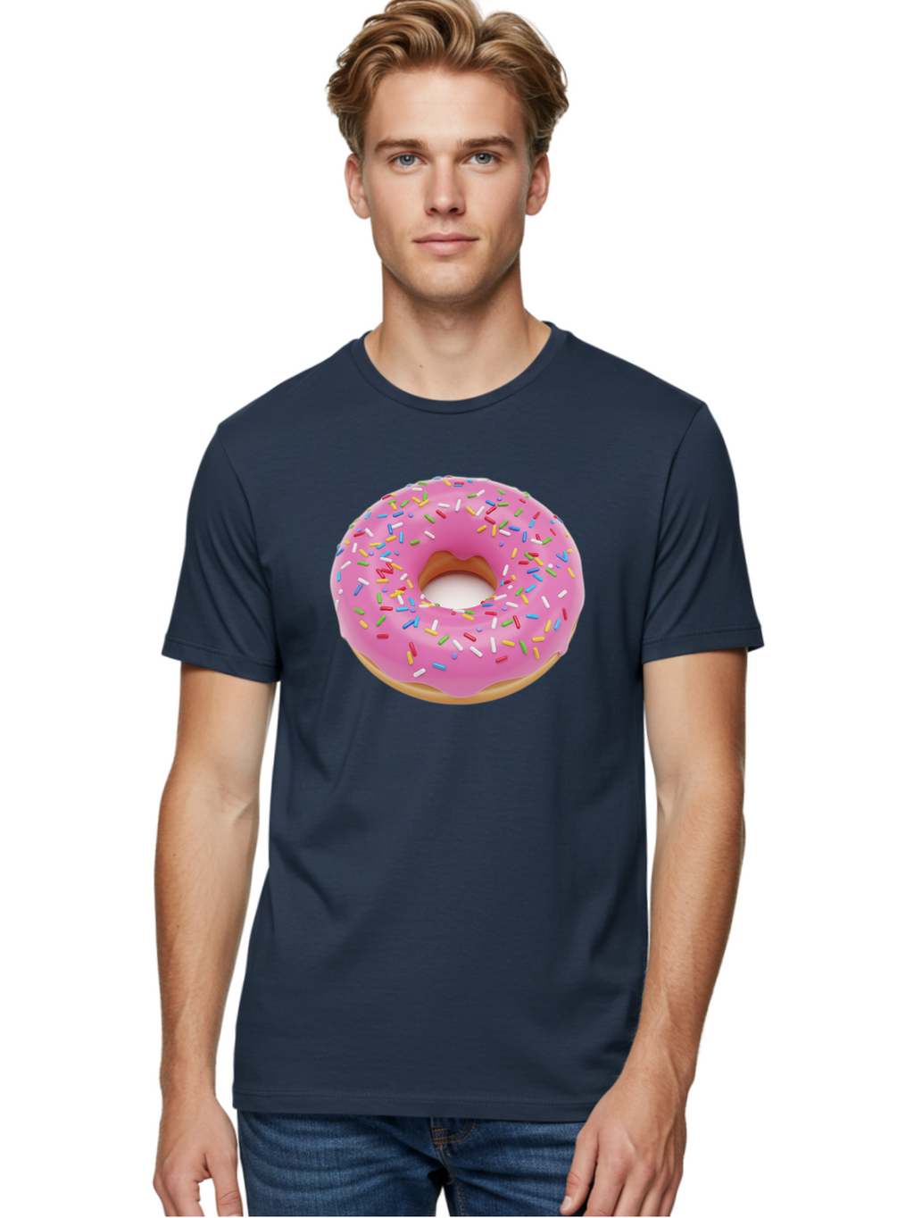 Pink-Donut-With-Sprinkles Men'S Graphic Tee, 100% Cotton, Comfortable Casual Summer Wear, Machine Washable, Pink Frosted Donut, Colorful Sprinkles, Sweet Treats, Baked Goods, Dessert, Tasty, Doughnut, Sprinkles, Sweet Tooth, Colorful Dessert Bab161
