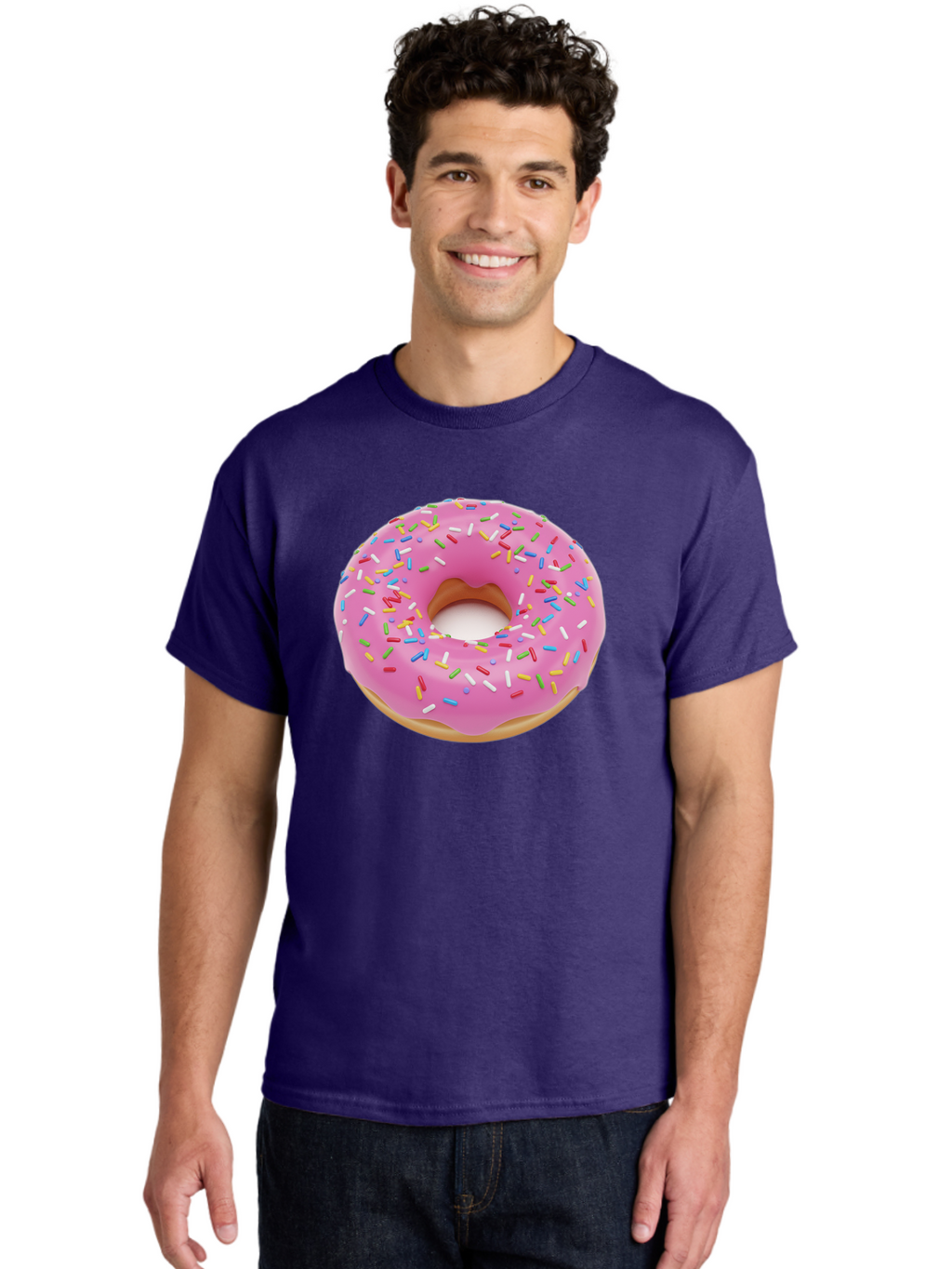 Pink-Donut-With-Sprinkles Men'S Graphic Tee, 100% Cotton, Comfortable Casual Summer Wear, Machine Washable, Pink Frosted Donut, Colorful Sprinkles, Sweet Treats, Baked Goods, Dessert, Tasty, Doughnut, Sprinkles, Sweet Tooth, Colorful Dessert Bab161