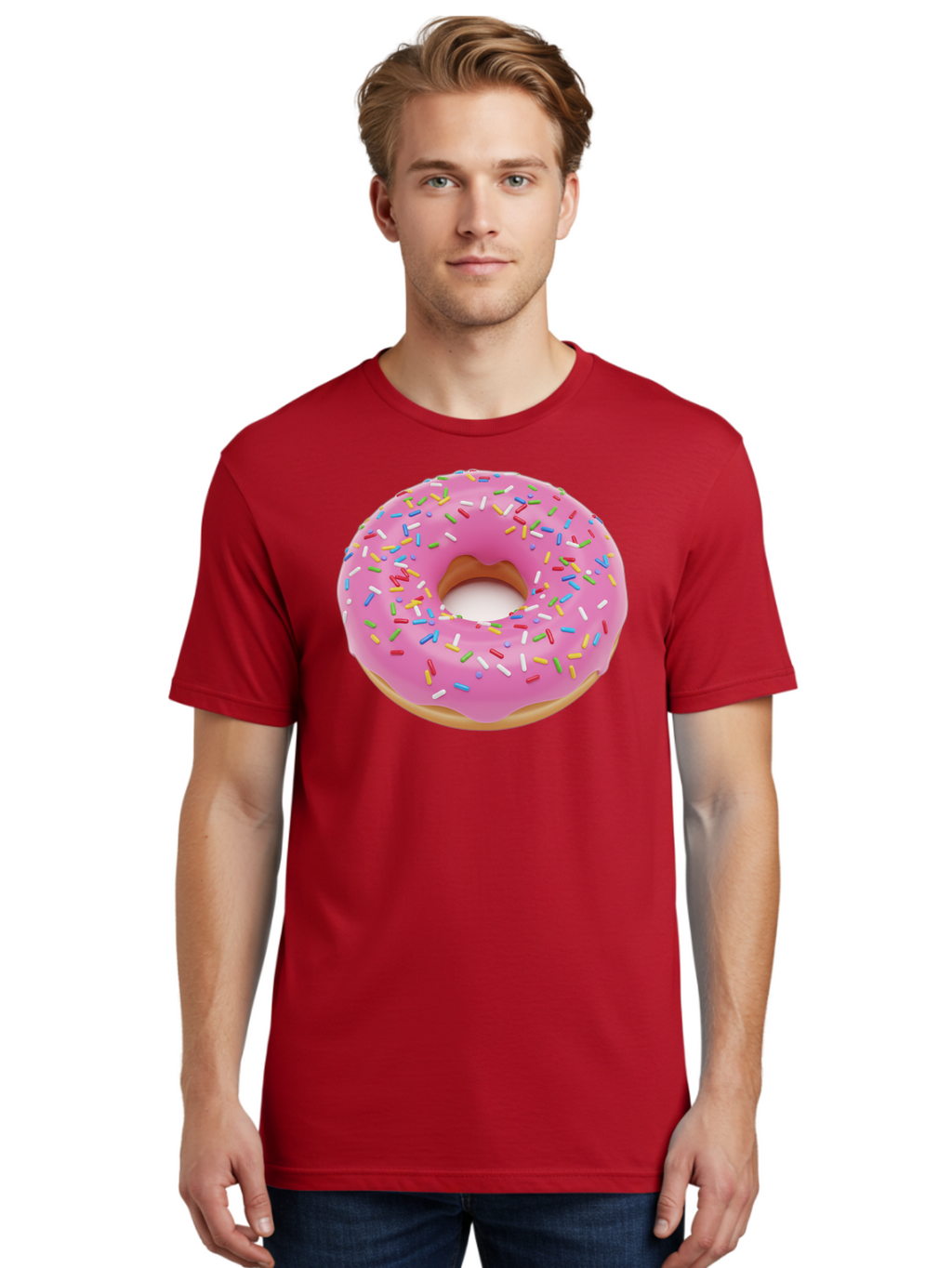 Pink-Donut-With-Sprinkles Men'S Graphic Tee, 100% Cotton, Comfortable Casual Summer Wear, Machine Washable, Pink Frosted Donut, Colorful Sprinkles, Sweet Treats, Baked Goods, Dessert, Tasty, Doughnut, Sprinkles, Sweet Tooth, Colorful Dessert Bab161