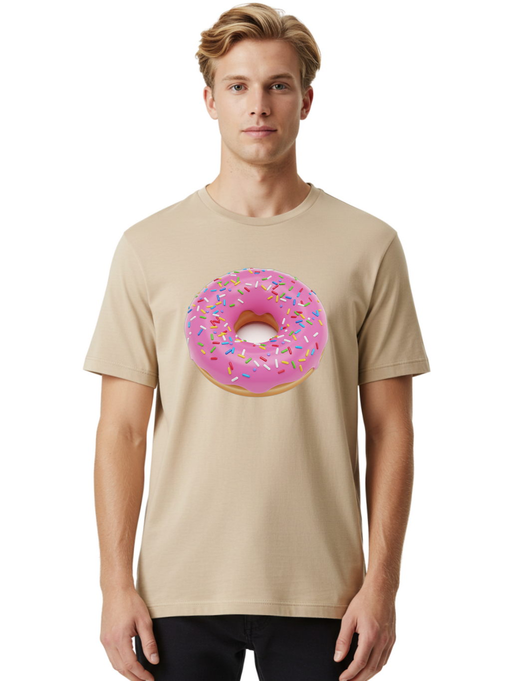Pink-Donut-With-Sprinkles Men'S Graphic Tee, 100% Cotton, Comfortable Casual Summer Wear, Machine Washable, Pink Frosted Donut, Colorful Sprinkles, Sweet Treats, Baked Goods, Dessert, Tasty, Doughnut, Sprinkles, Sweet Tooth, Colorful Dessert Bab161