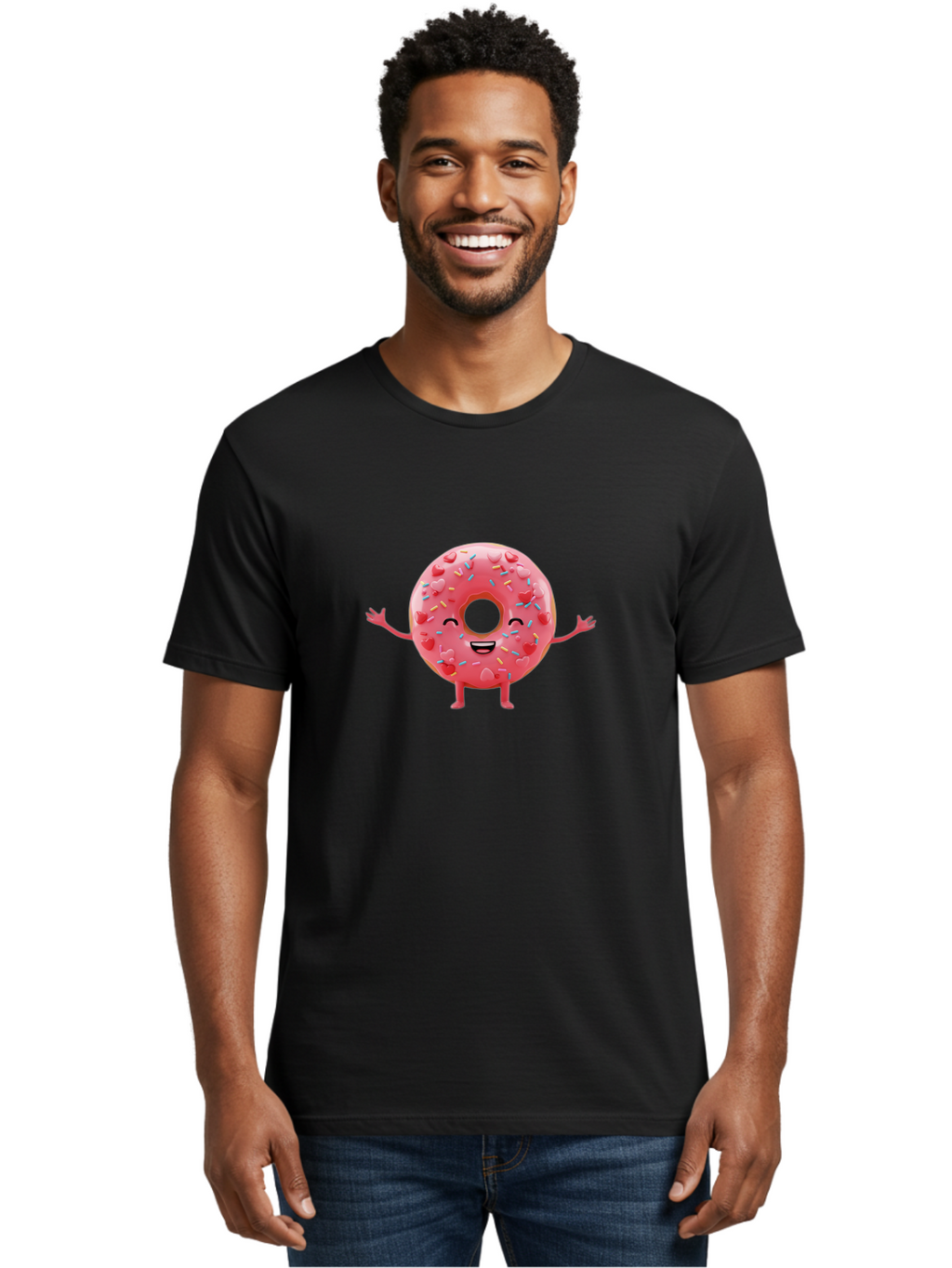 Pink-Donut Men'S Graphic Tee, 100% Cotton, Comfortable Casual Summer Wear, Machine Washable, Happy Donut, Pink Frosting, Colorful Sprinkles, Cheerful Character, Cartoon Donut, Smiling Face, Donut With Arms Bab162
