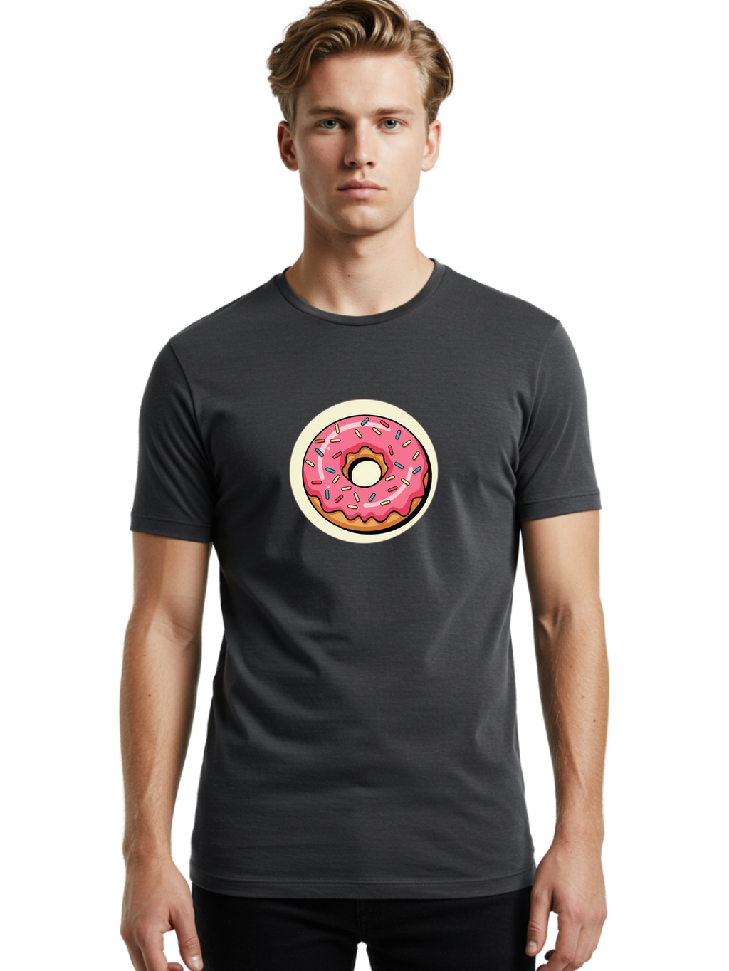 Pink-Frosted-Donut-1 Men'S Graphic Tee, 100% Cotton, Comfortable Casual Summer Wear, Machine Washable, Donut With Pink Frosting, Sprinkles On Donut, Sweet Treats, Dessert Ideas, Colorful Donut, Baking Inspiration, Tasty Pastry, Glazed Donut Bab164