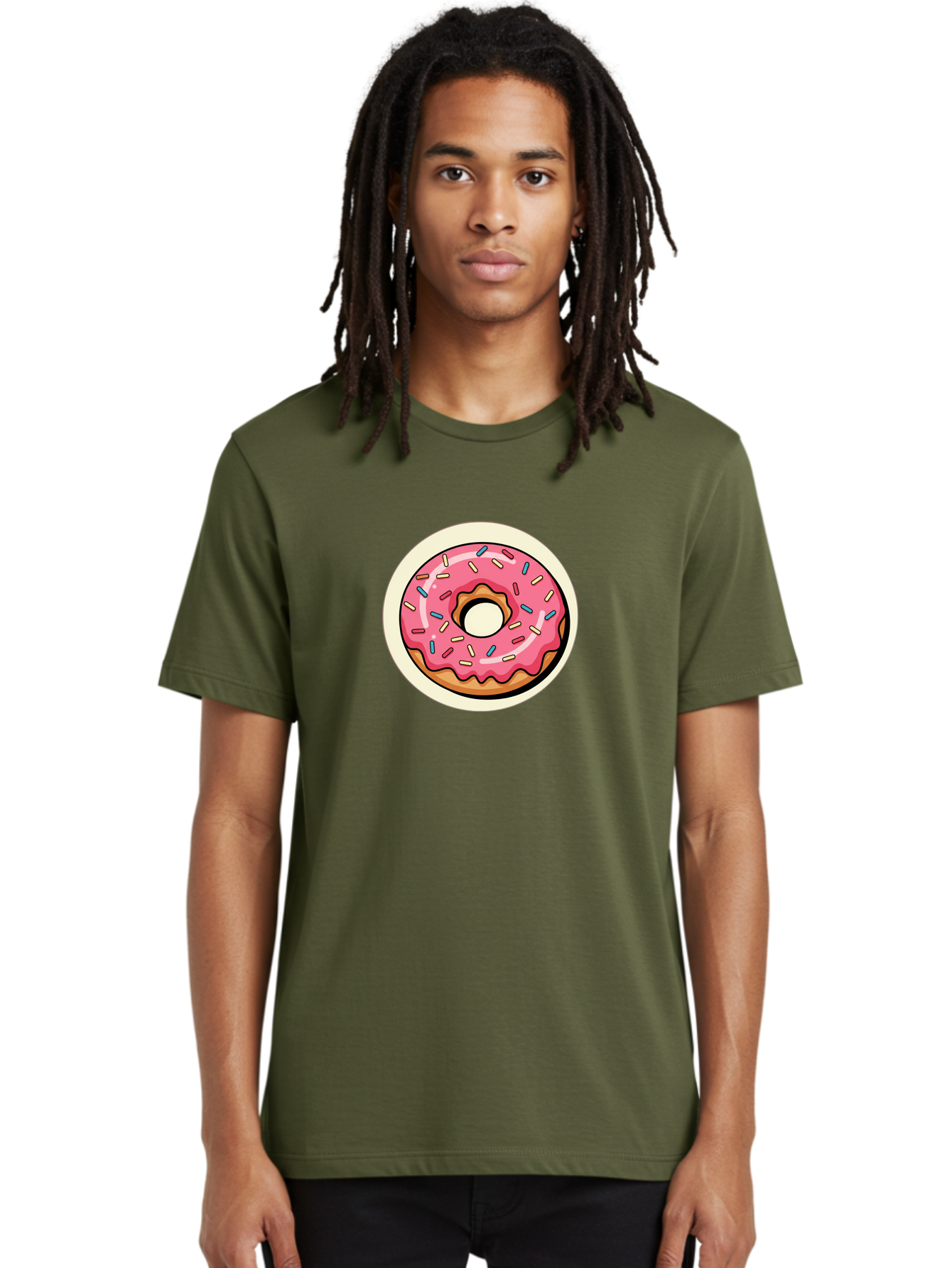 Pink-Frosted-Donut-1 Men'S Graphic Tee, 100% Cotton, Comfortable Casual Summer Wear, Machine Washable, Donut With Pink Frosting, Sprinkles On Donut, Sweet Treats, Dessert Ideas, Colorful Donut, Baking Inspiration, Tasty Pastry, Glazed Donut Bab164