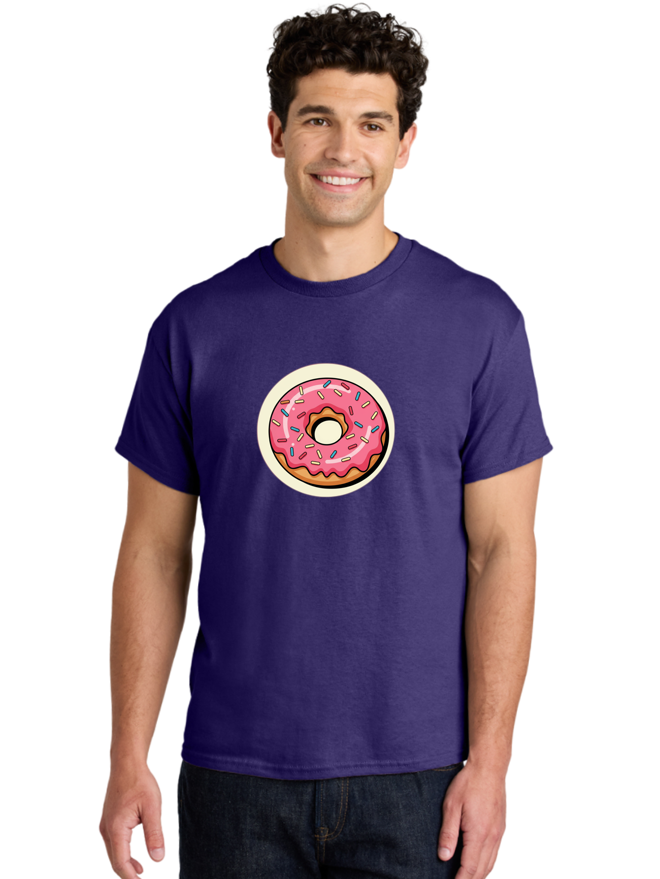 Pink-Frosted-Donut-1 Men'S Graphic Tee, 100% Cotton, Comfortable Casual Summer Wear, Machine Washable, Donut With Pink Frosting, Sprinkles On Donut, Sweet Treats, Dessert Ideas, Colorful Donut, Baking Inspiration, Tasty Pastry, Glazed Donut Bab164