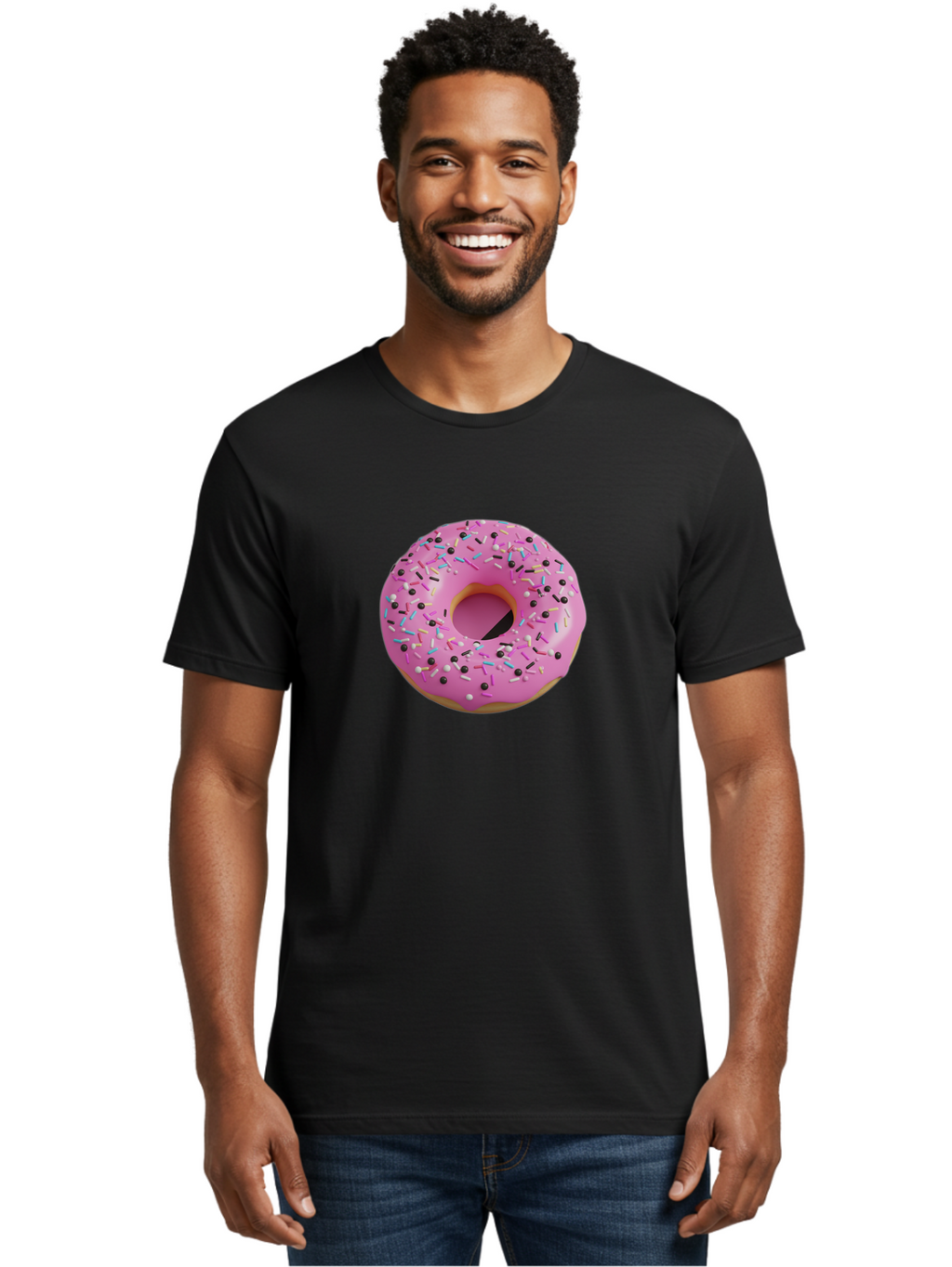 Pink-Frosted-Donut Men'S Graphic Tee, 100% Cotton, Comfortable Casual Summer Wear, Machine Washable, Pink Frosted Donut, Sprinkles, Colorful Toppings, Donut Treat, Sweet Delight, Baked Goods, Pastel Colors, Sprinkle Donut, Frosted Dessert Bab165