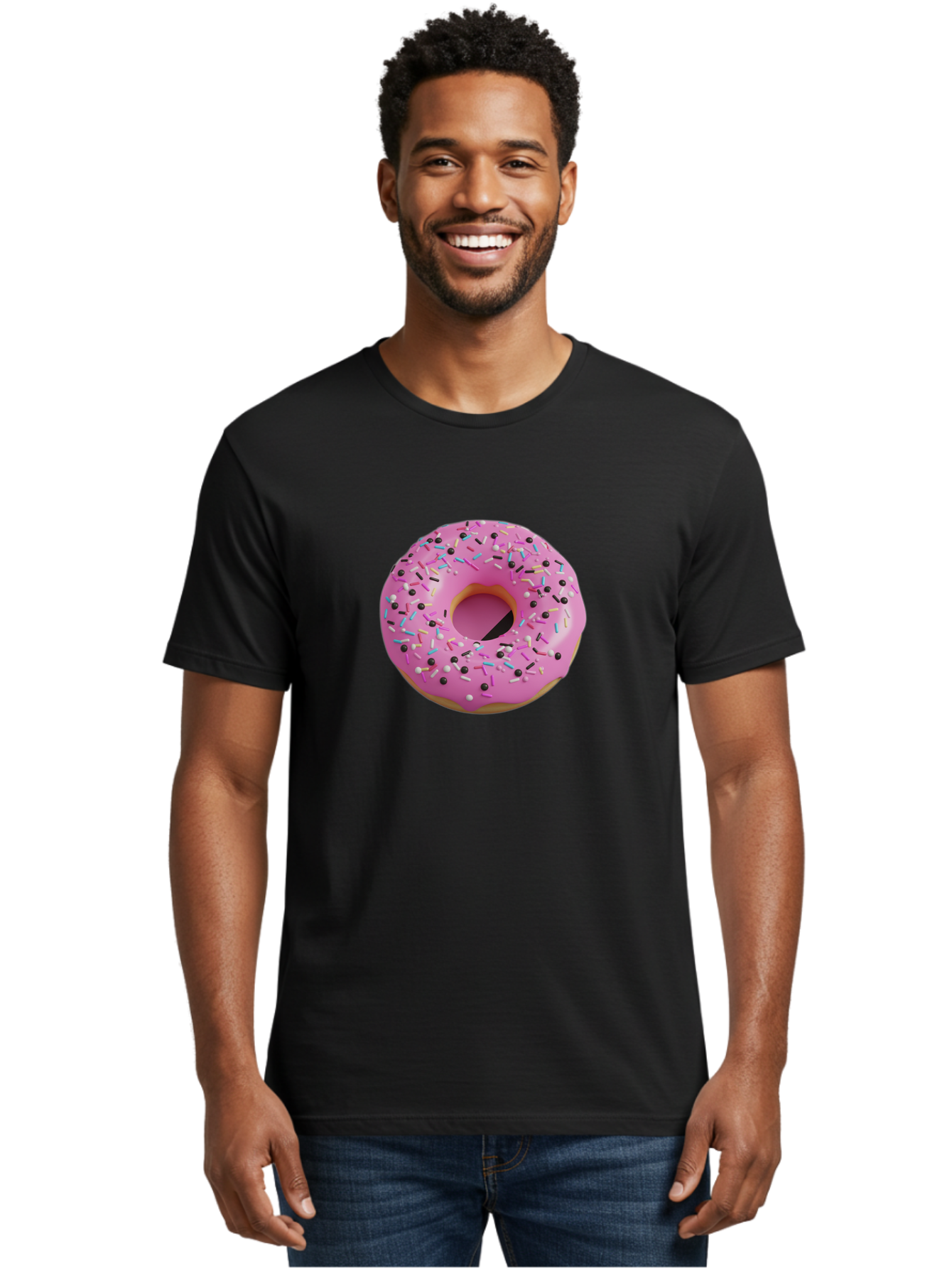 Pink-Frosted-Donut Men'S Graphic Tee, 100% Cotton, Comfortable Casual Summer Wear, Machine Washable, Pink Frosted Donut, Sprinkles, Colorful Toppings, Donut Treat, Sweet Delight, Baked Goods, Pastel Colors, Sprinkle Donut, Frosted Dessert Bab165