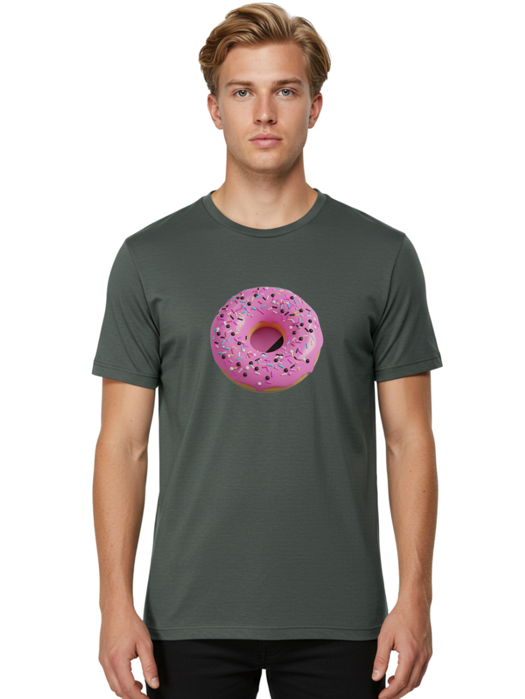 Pink-Frosted-Donut Men'S Graphic Tee, 100% Cotton, Comfortable Casual Summer Wear, Machine Washable, Pink Frosted Donut, Sprinkles, Colorful Toppings, Donut Treat, Sweet Delight, Baked Goods, Pastel Colors, Sprinkle Donut, Frosted Dessert Bab165
