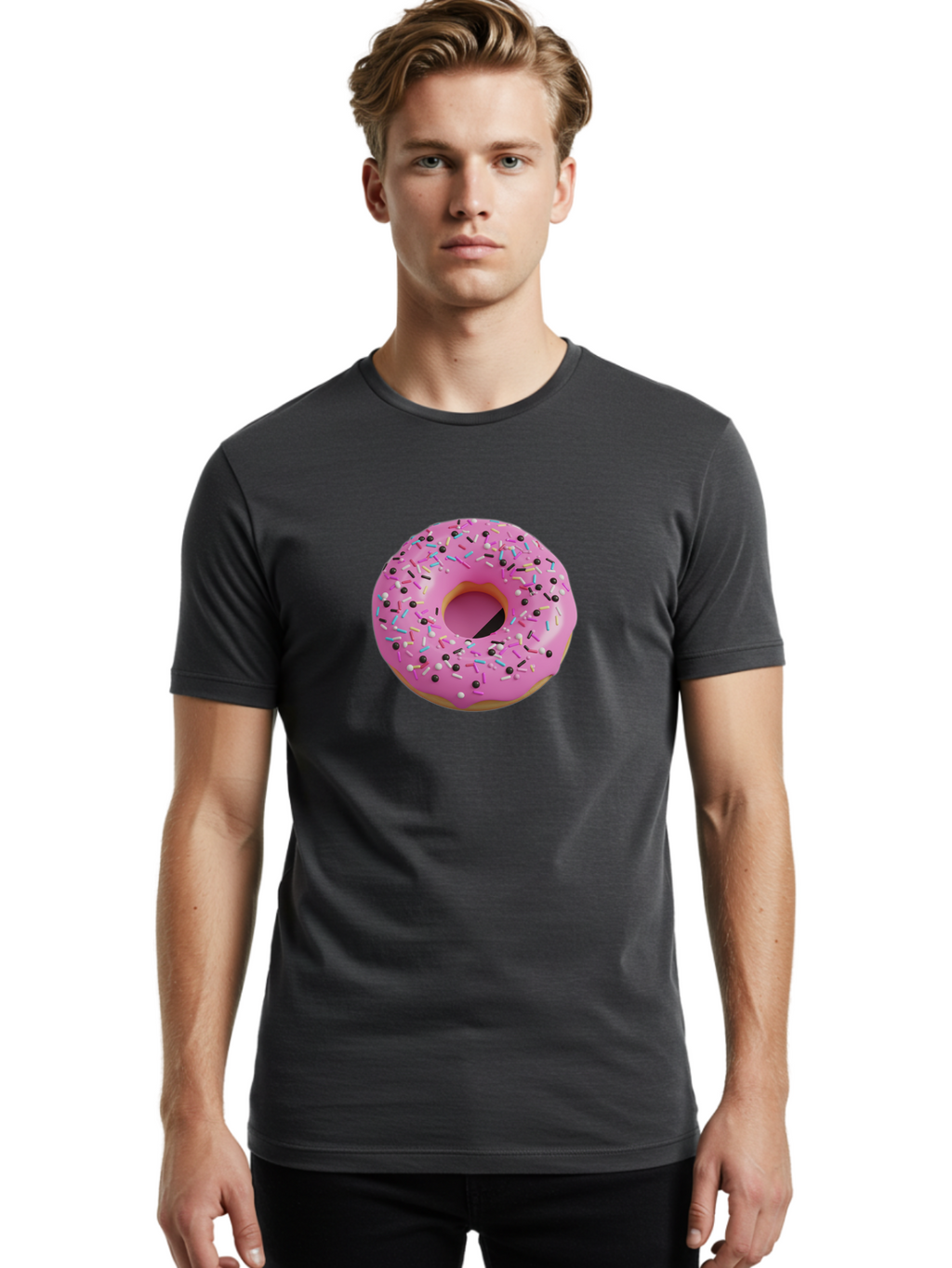 Pink-Frosted-Donut Men'S Graphic Tee, 100% Cotton, Comfortable Casual Summer Wear, Machine Washable, Pink Frosted Donut, Sprinkles, Colorful Toppings, Donut Treat, Sweet Delight, Baked Goods, Pastel Colors, Sprinkle Donut, Frosted Dessert Bab165