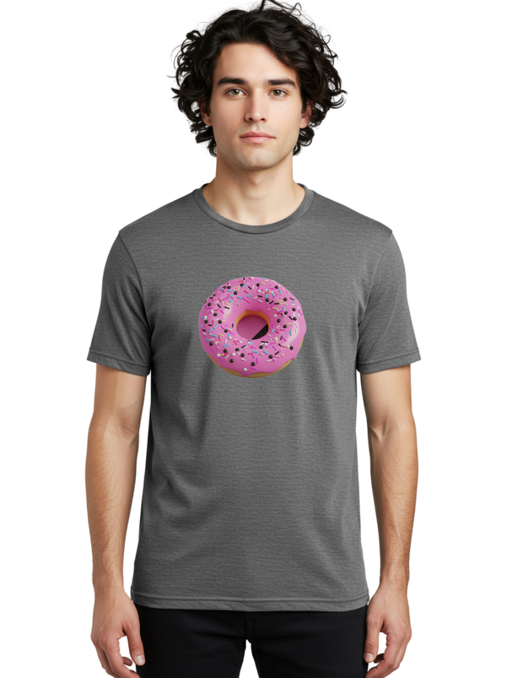Pink-Frosted-Donut Men'S Graphic Tee, 100% Cotton, Comfortable Casual Summer Wear, Machine Washable, Pink Frosted Donut, Sprinkles, Colorful Toppings, Donut Treat, Sweet Delight, Baked Goods, Pastel Colors, Sprinkle Donut, Frosted Dessert Bab165