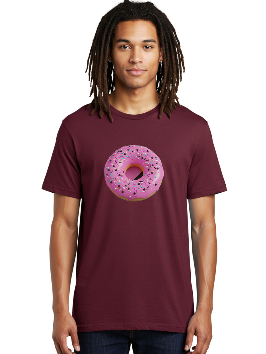 Pink-Frosted-Donut Men'S Graphic Tee, 100% Cotton, Comfortable Casual Summer Wear, Machine Washable, Pink Frosted Donut, Sprinkles, Colorful Toppings, Donut Treat, Sweet Delight, Baked Goods, Pastel Colors, Sprinkle Donut, Frosted Dessert Bab165