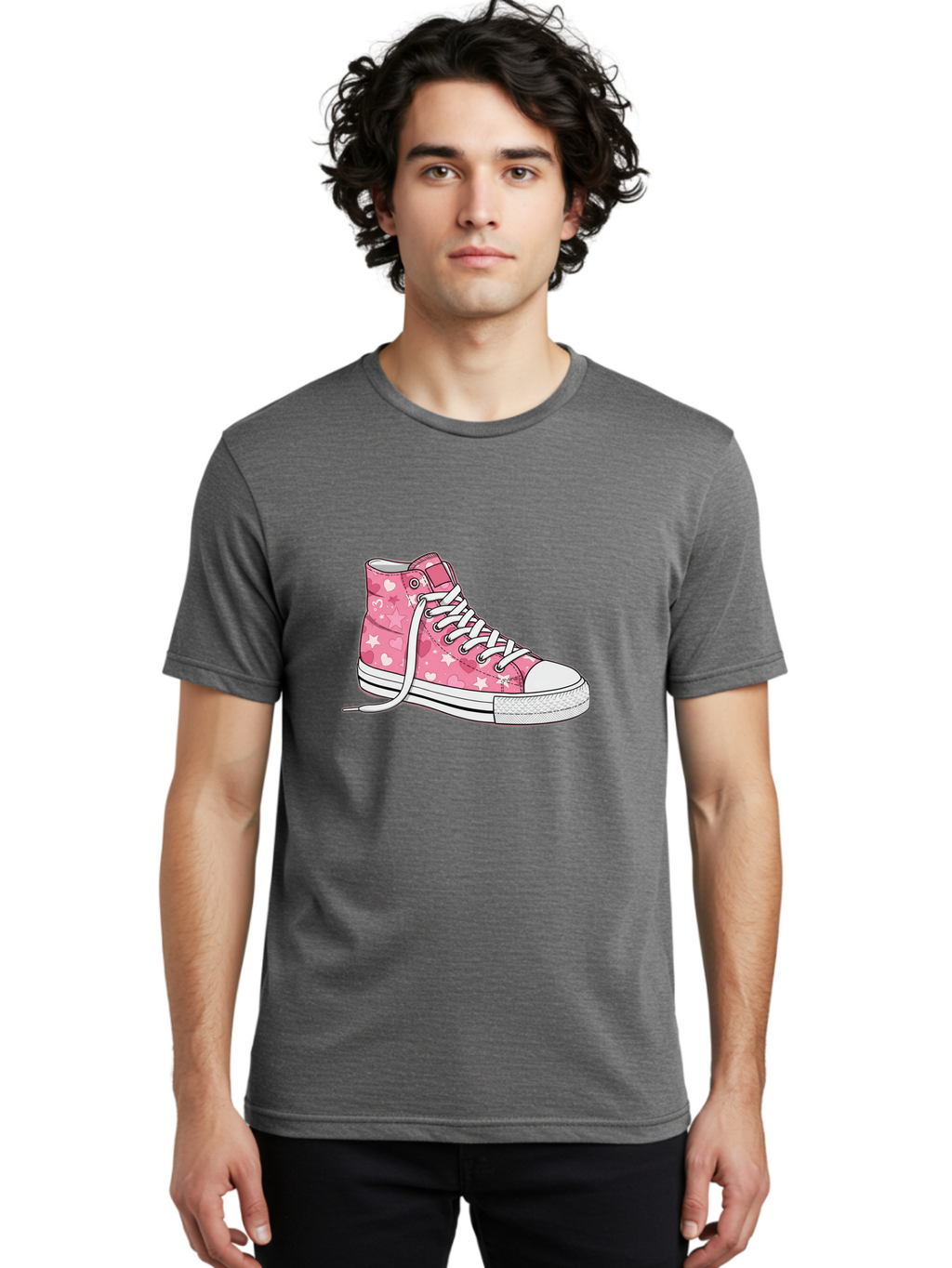 Pink-Heart-Star-Sneaker Men'S Graphic Tee, 100% Cotton, Comfortable Casual Summer Wear, Machine Washable, Pink High-Top Sneaker, White Stars, White Hearts, White Laces, Casual Footwear, Fashion Sneakers, Youth Culture, Cartoon Style, Bab166