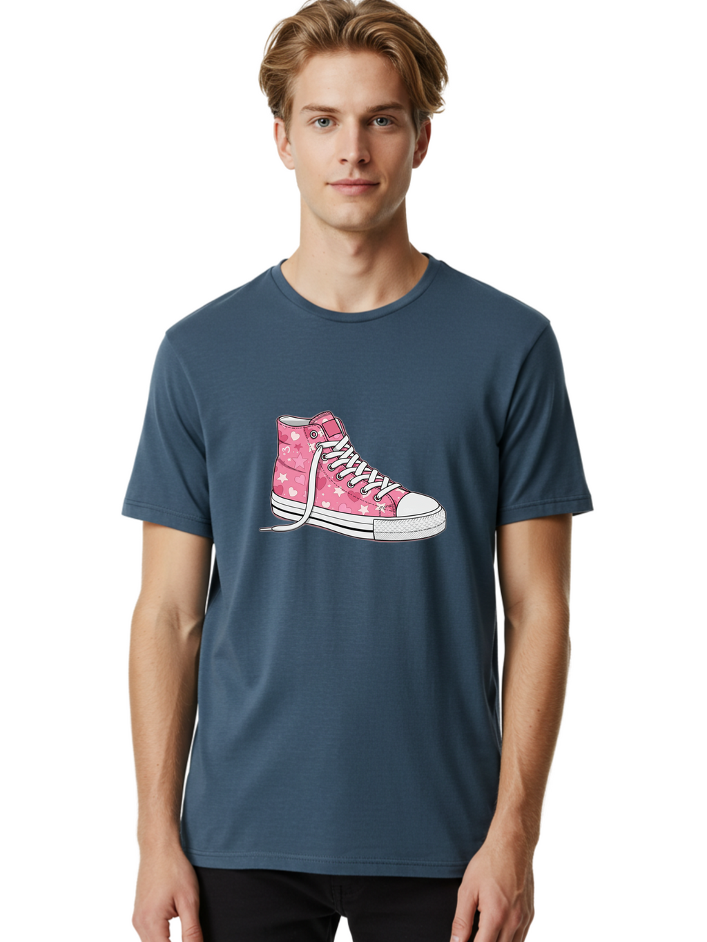 Pink-Heart-Star-Sneaker Men'S Graphic Tee, 100% Cotton, Comfortable Casual Summer Wear, Machine Washable, Pink High-Top Sneaker, White Stars, White Hearts, White Laces, Casual Footwear, Fashion Sneakers, Youth Culture, Cartoon Style, Bab166