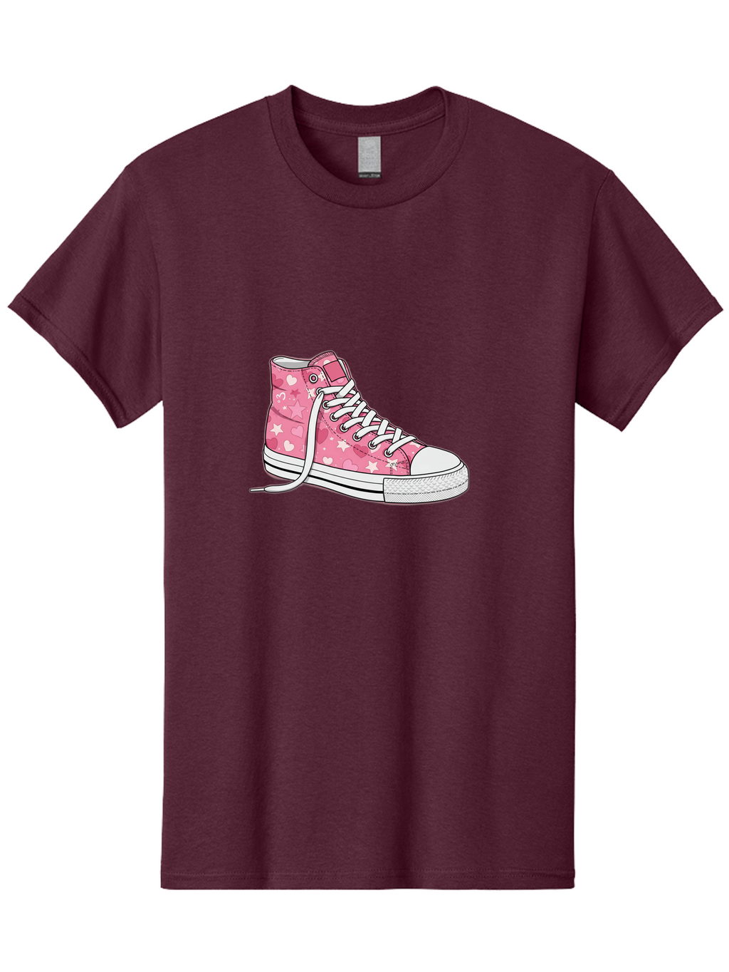 Pink-Heart-Star-Sneaker Men'S Graphic Tee, 100% Cotton, Comfortable Casual Summer Wear, Machine Washable, Pink High-Top Sneaker, White Stars, White Hearts, White Laces, Casual Footwear, Fashion Sneakers, Youth Culture, Cartoon Style, Bab166