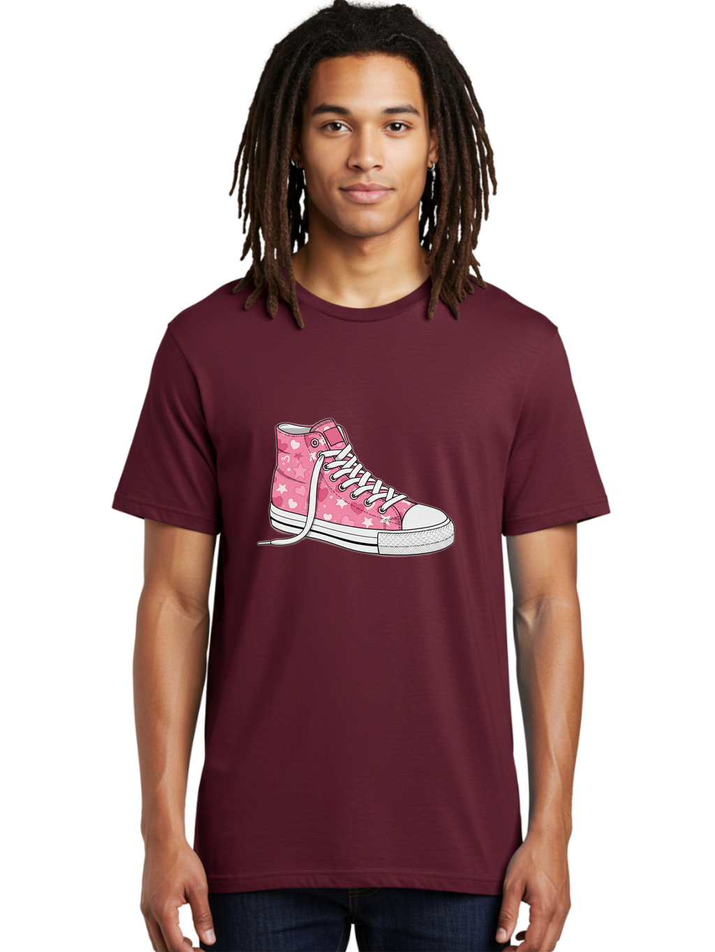 Pink-Heart-Star-Sneaker Men'S Graphic Tee, 100% Cotton, Comfortable Casual Summer Wear, Machine Washable, Pink High-Top Sneaker, White Stars, White Hearts, White Laces, Casual Footwear, Fashion Sneakers, Youth Culture, Cartoon Style, Bab166