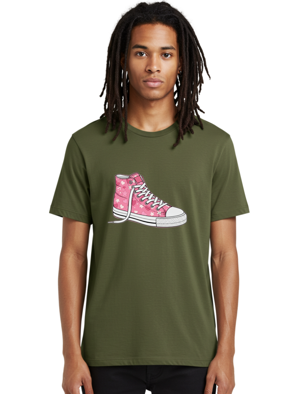 Pink-Heart-Star-Sneaker Men'S Graphic Tee, 100% Cotton, Comfortable Casual Summer Wear, Machine Washable, Pink High-Top Sneaker, White Stars, White Hearts, White Laces, Casual Footwear, Fashion Sneakers, Youth Culture, Cartoon Style, Bab166