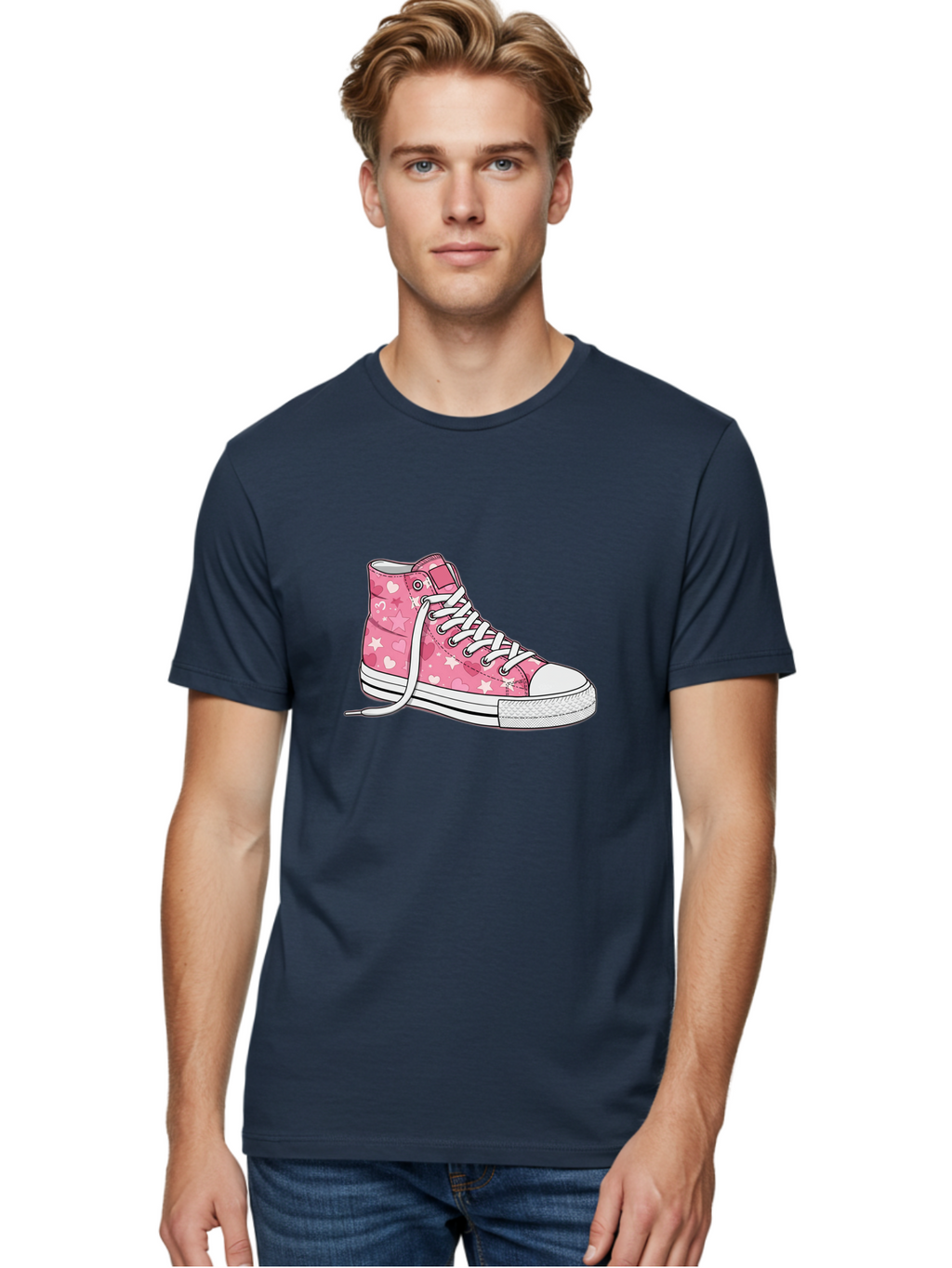 Pink-Heart-Star-Sneaker Men'S Graphic Tee, 100% Cotton, Comfortable Casual Summer Wear, Machine Washable, Pink High-Top Sneaker, White Stars, White Hearts, White Laces, Casual Footwear, Fashion Sneakers, Youth Culture, Cartoon Style, Bab166