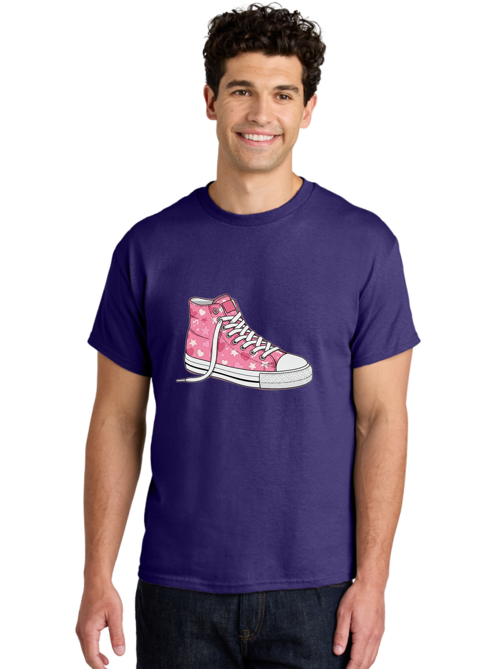 Pink-Heart-Star-Sneaker Men'S Graphic Tee, 100% Cotton, Comfortable Casual Summer Wear, Machine Washable, Pink High-Top Sneaker, White Stars, White Hearts, White Laces, Casual Footwear, Fashion Sneakers, Youth Culture, Cartoon Style, Bab166