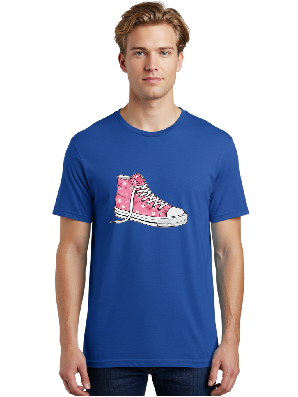 Pink-Heart-Star-Sneaker Men'S Graphic Tee, 100% Cotton, Comfortable Casual Summer Wear, Machine Washable, Pink High-Top Sneaker, White Stars, White Hearts, White Laces, Casual Footwear, Fashion Sneakers, Youth Culture, Cartoon Style, Bab166