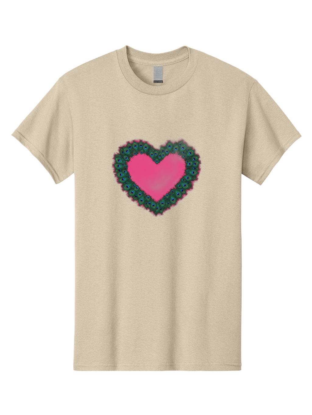 Pink-Heart Men'S Graphic Tee, 100% Cotton, Comfortable Casual Summer Wear, Machine Washable, Heart Shape, Pink Center, Peacock Feathers, Blue Eyespots, Green Hues, Romantic Symbol, Love Heart, Vibrant Colors, Decorative Border, Festive Design, Bab167