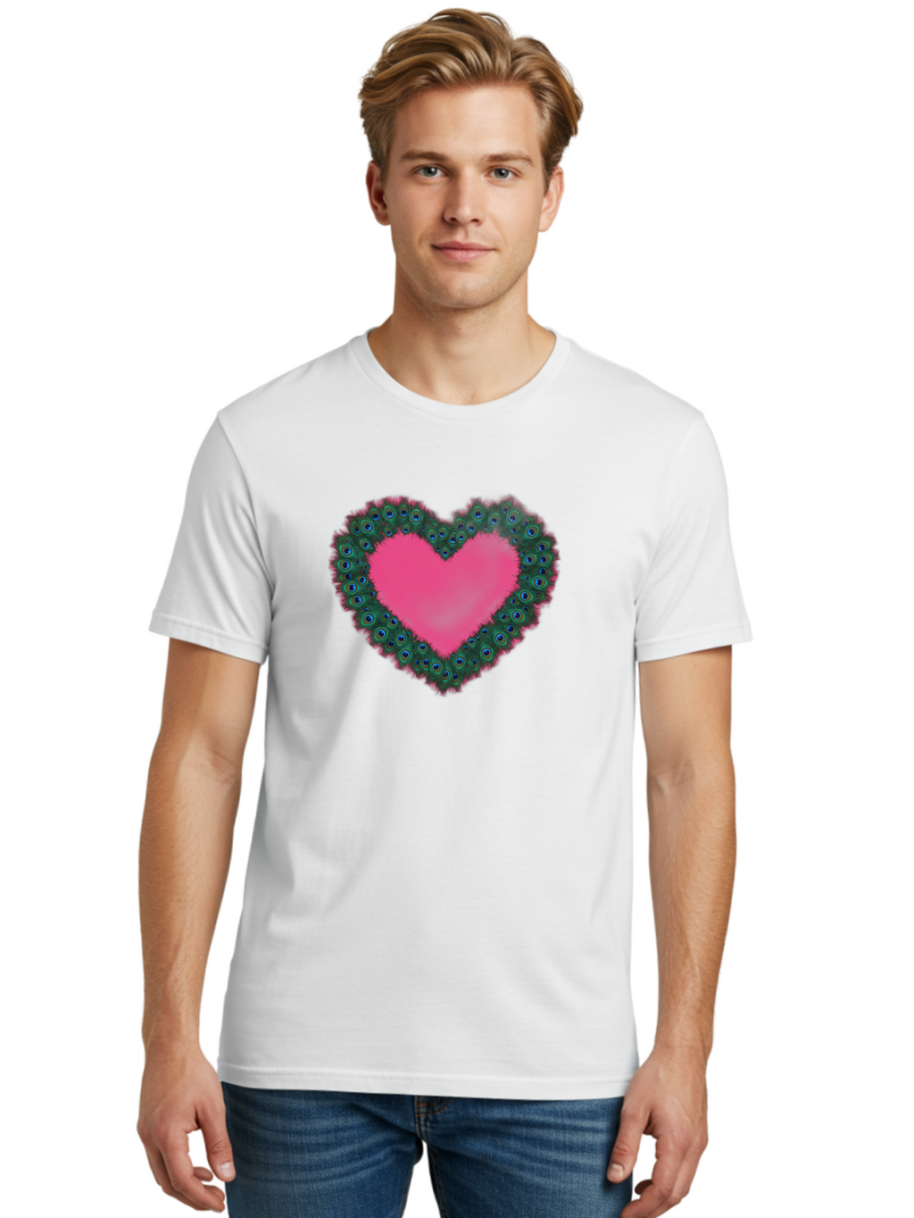 Pink-Heart Men'S Graphic Tee, 100% Cotton, Comfortable Casual Summer Wear, Machine Washable, Heart Shape, Pink Center, Peacock Feathers, Blue Eyespots, Green Hues, Romantic Symbol, Love Heart, Vibrant Colors, Decorative Border, Festive Design, Bab167